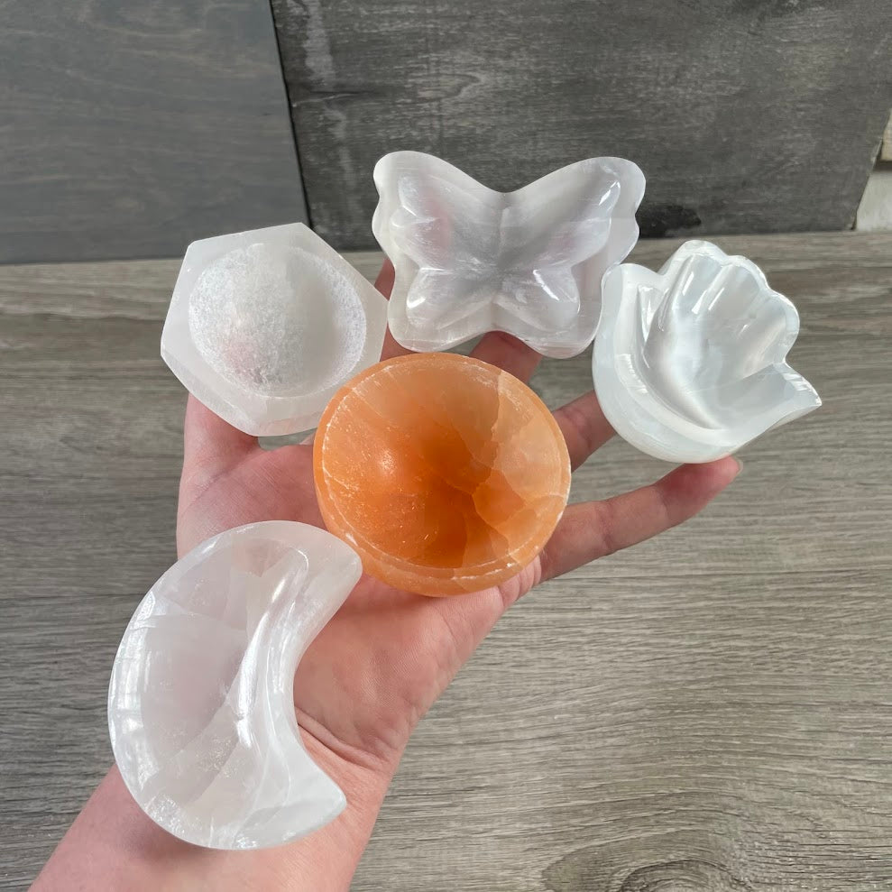 Selenite bowl in assorted shaped for gift shops and rock stores