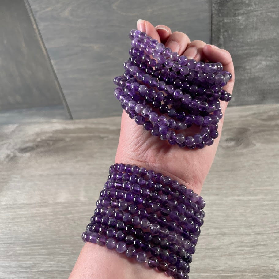 **Amethyst 6mm beaded bracelet with natural purple gemstone beads for wholesale crystal jewelry**