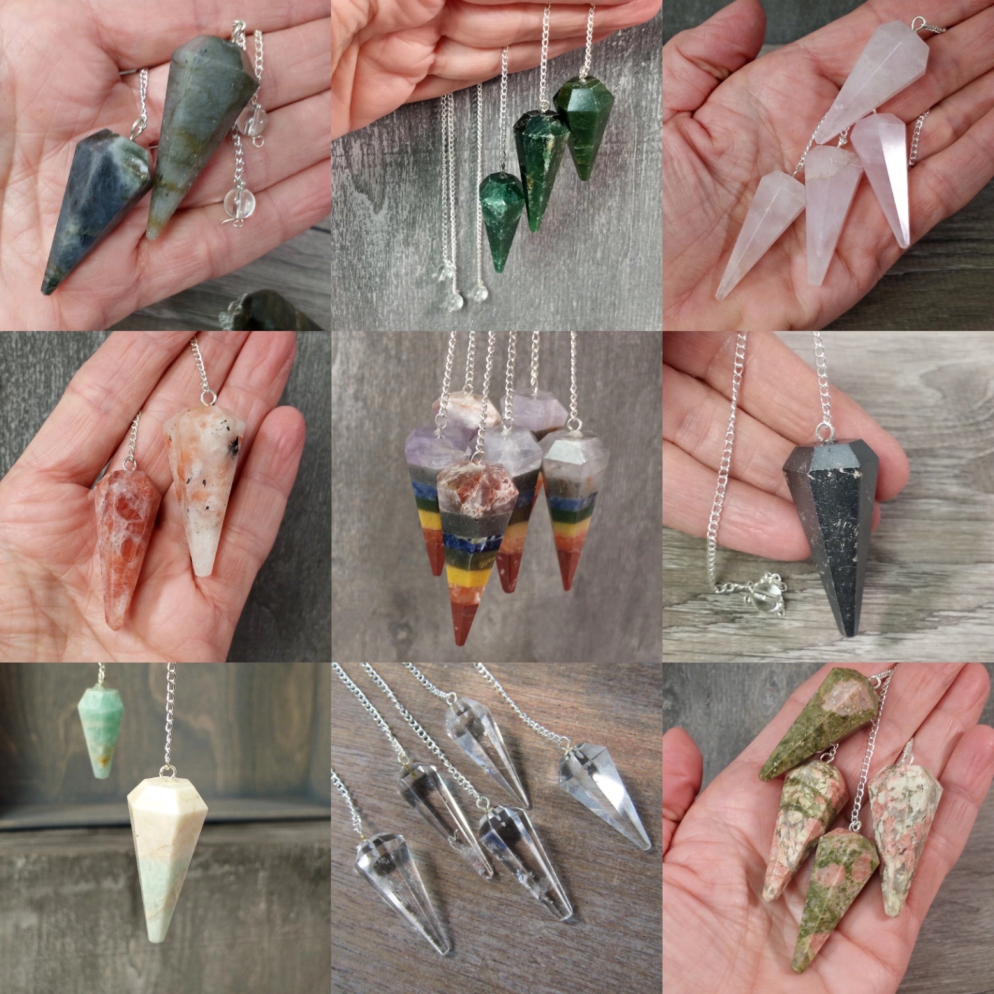 assorted gemstone pendulums for metaphysical stores