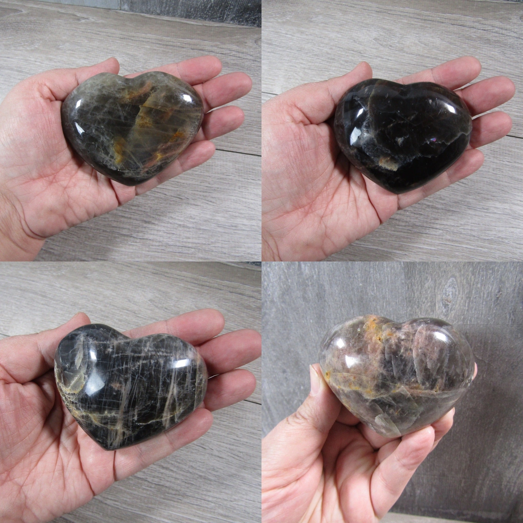 Black Moonstone polished hearts for home décor and energy work.