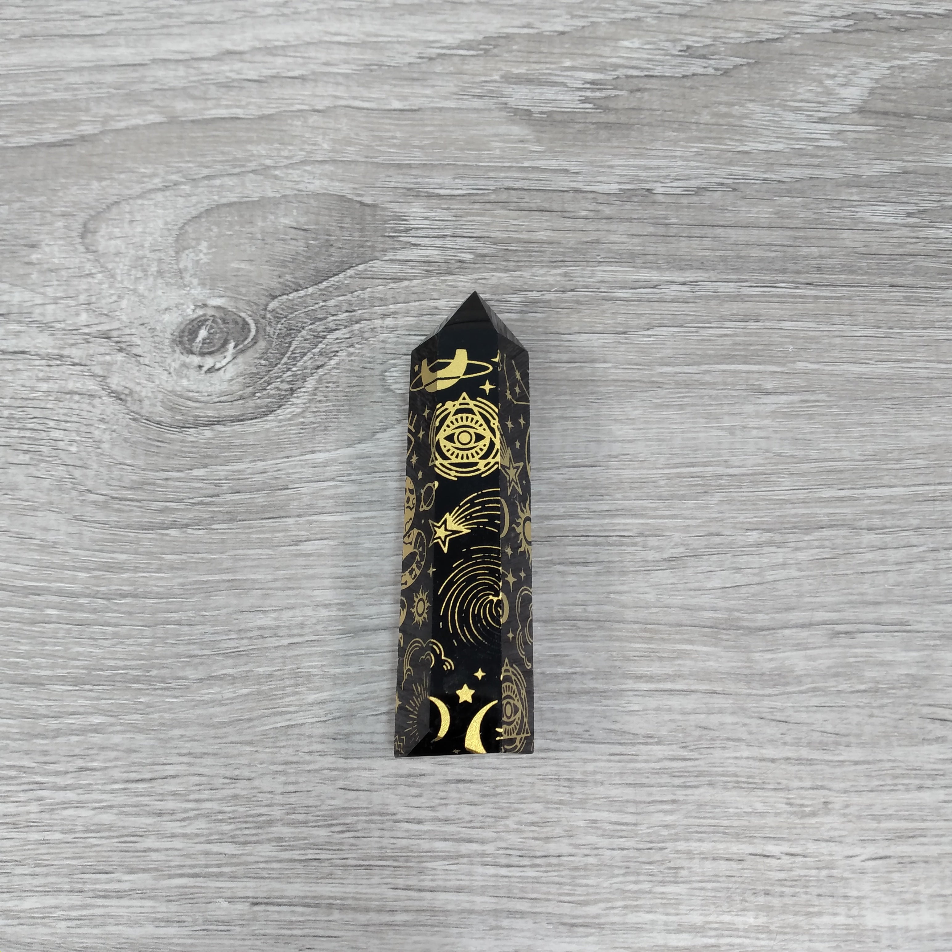 Black Obsidian Etched Obelisk with Gold Engraved Symbols