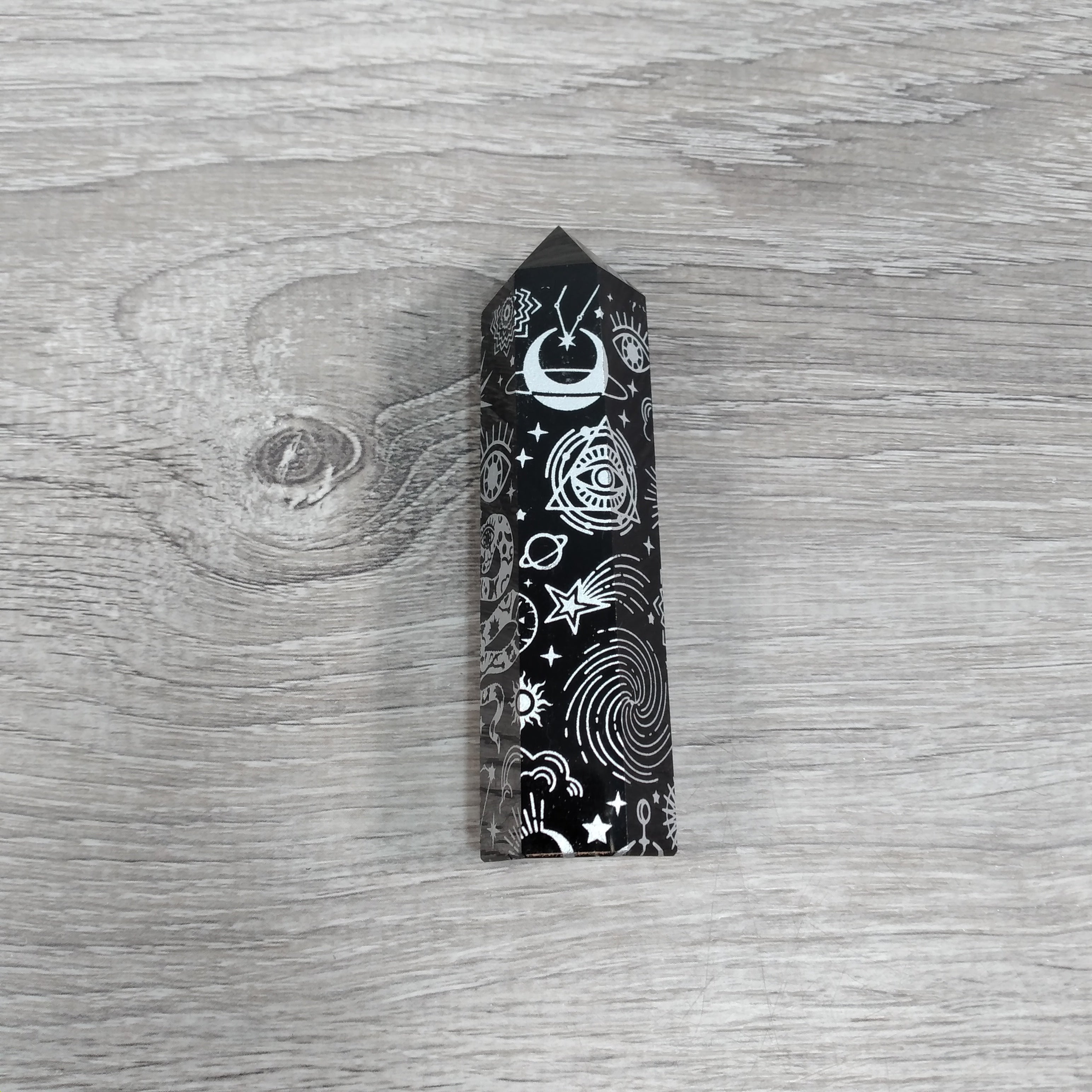 Black Obsidian Etched Obelisk with Metaphysical Symbols