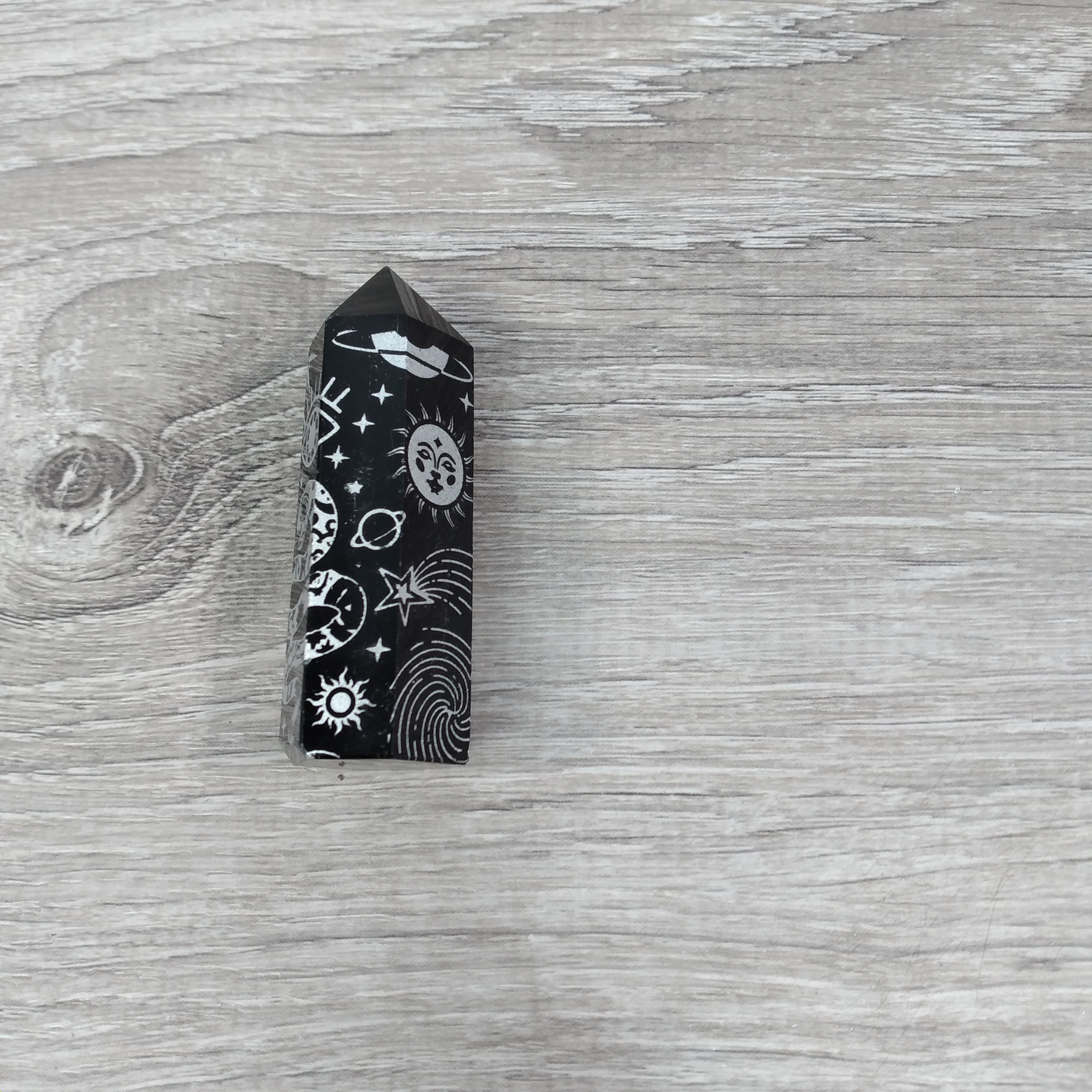 Black Obsidian Etched Obelisk with Astrological Symbols