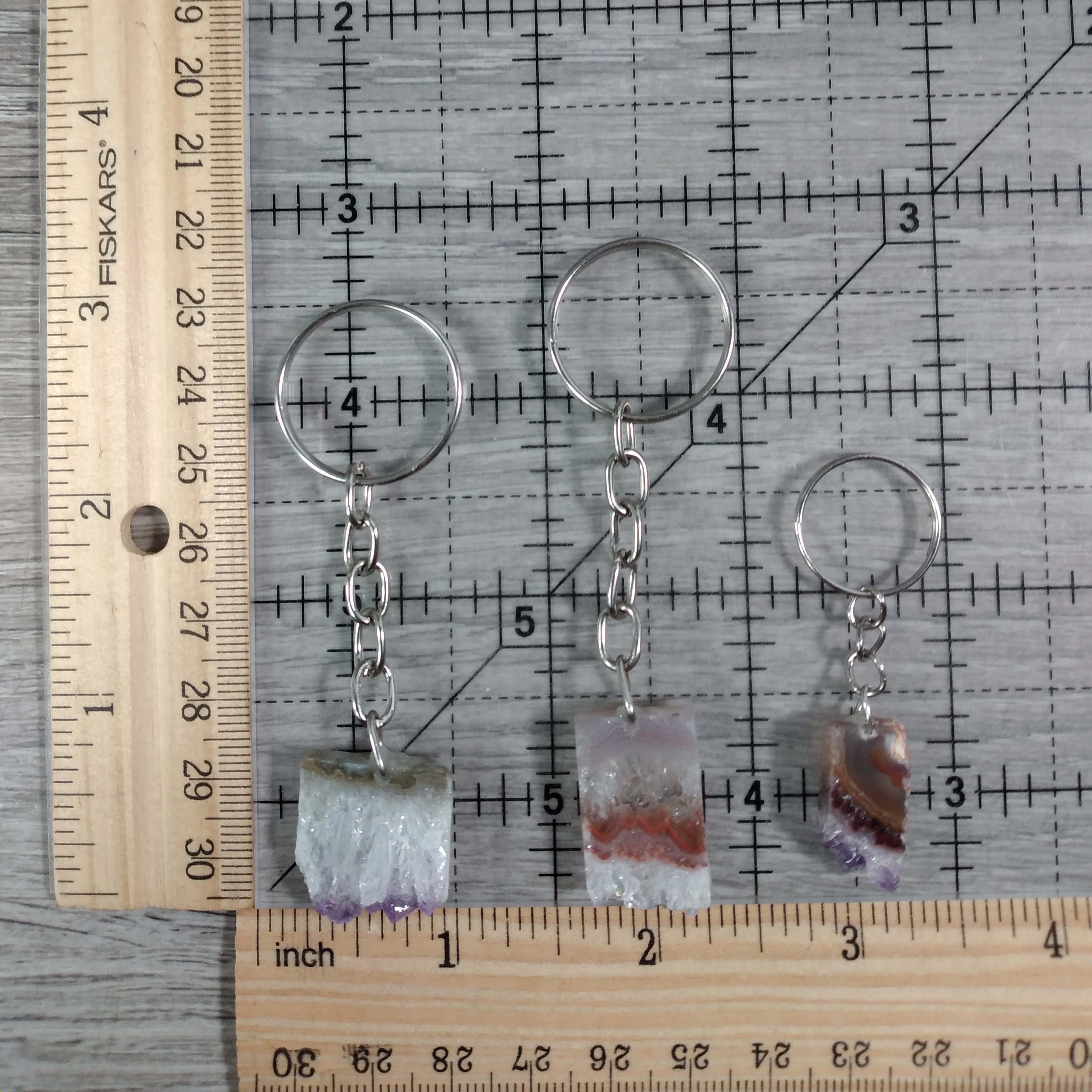 Crystal slab keychains made from real amethyst geodes