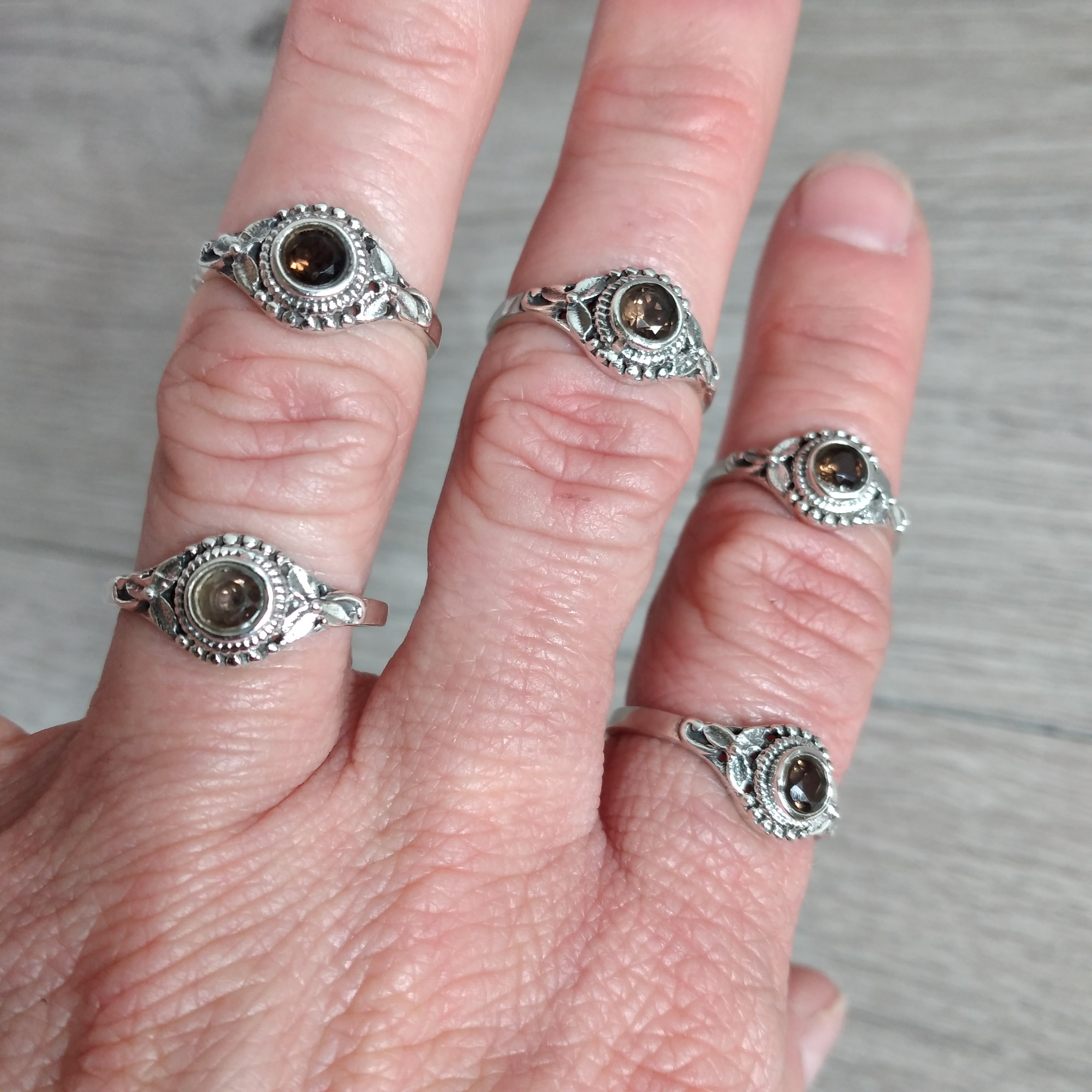 Sterling Silver ring with Hippie Leaf band and smoky quartz center stone