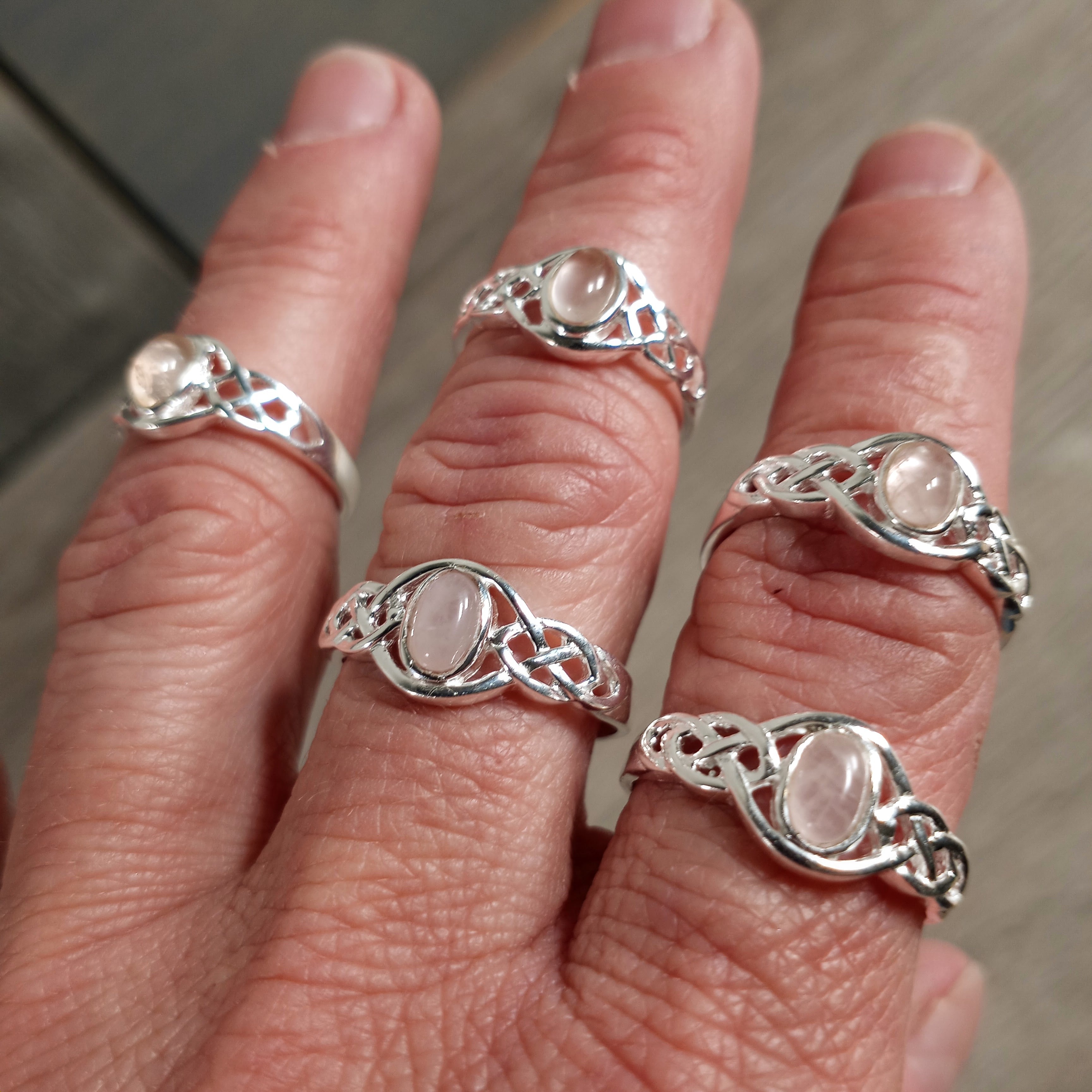 Sterling Silver Ring with Celtic Double Trinity band and rose quartz center stone