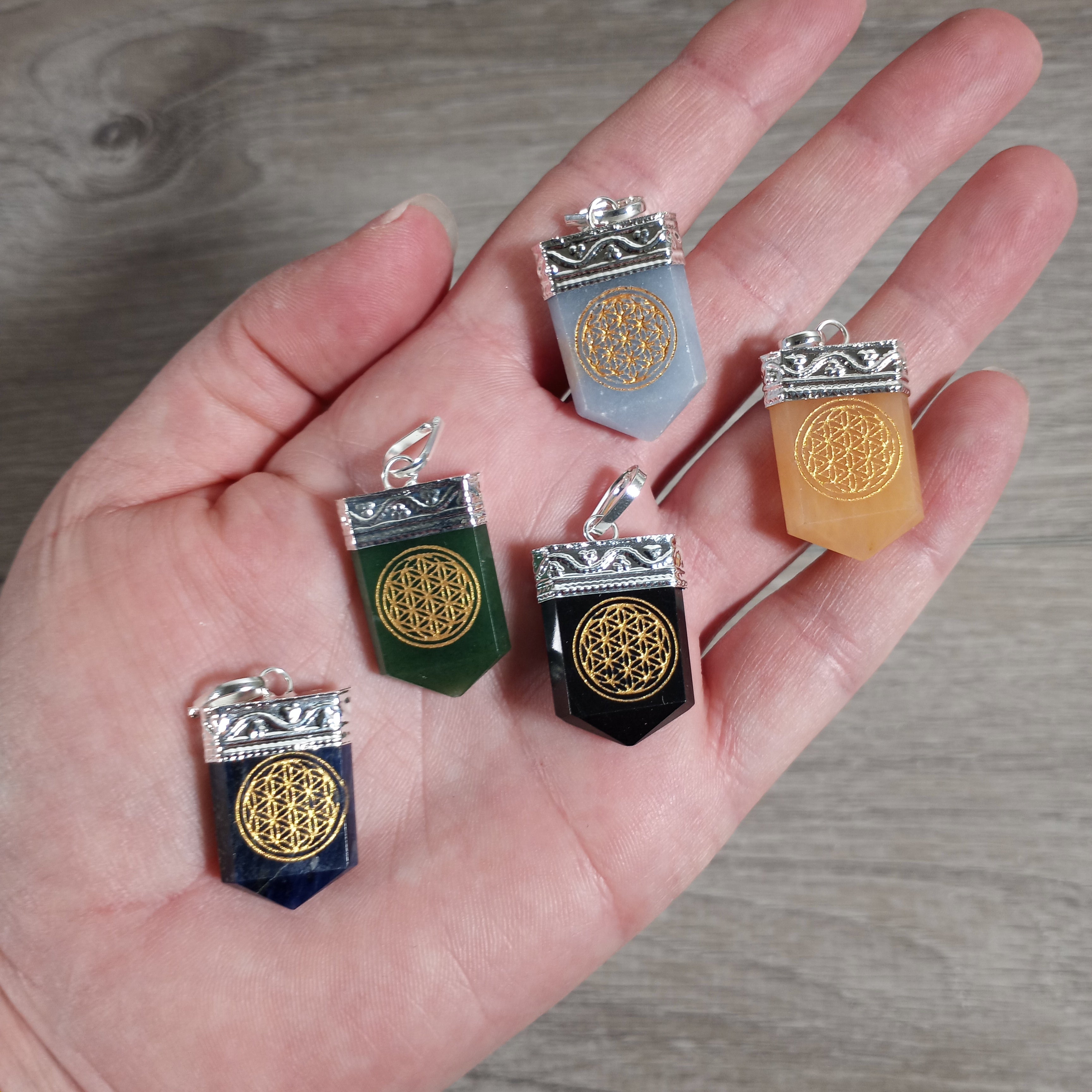 Etched Gemstone Pendants Assorted – Silver Pot Metal Setting