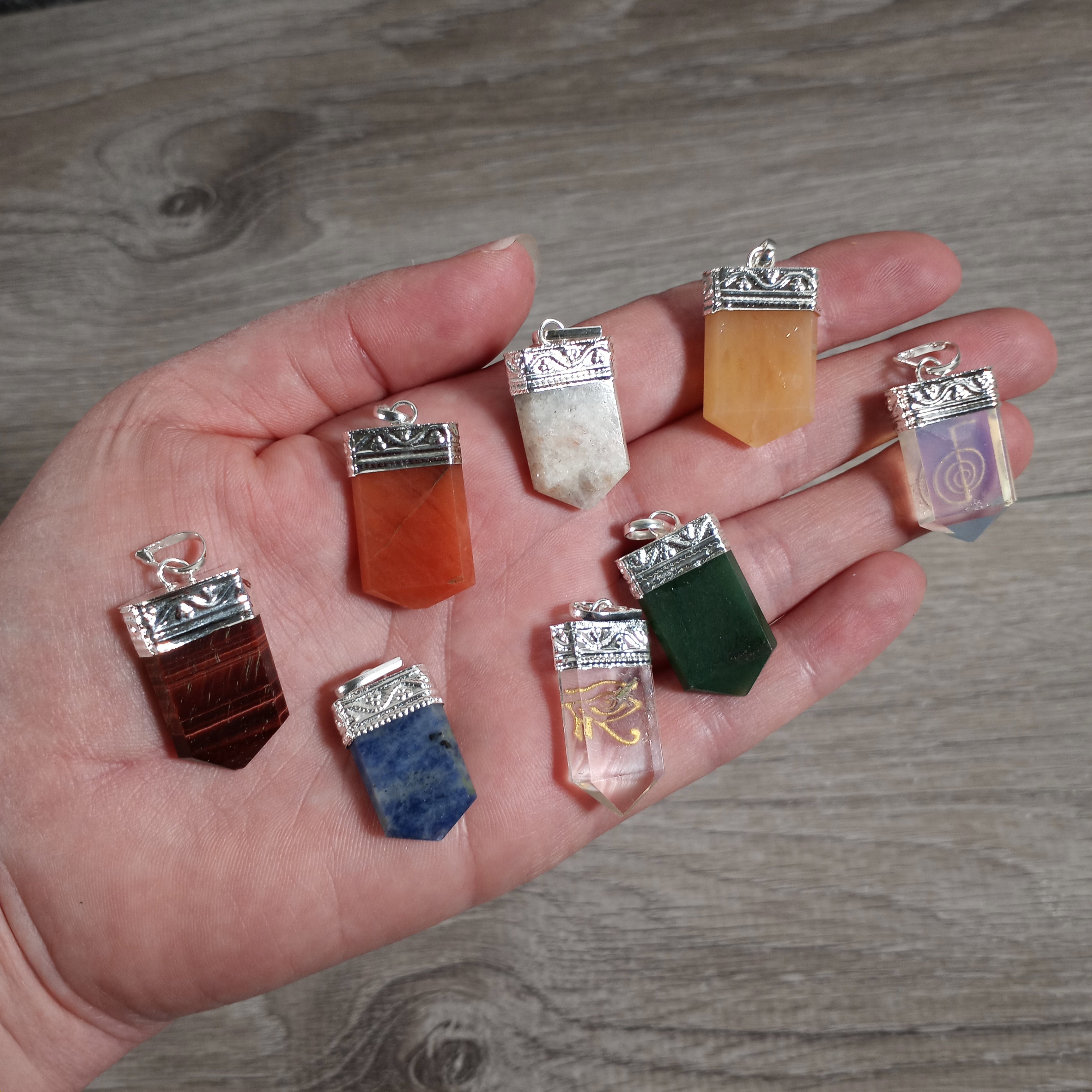 Etched Gemstone Pendants Assorted – Silver Pot Metal Setting