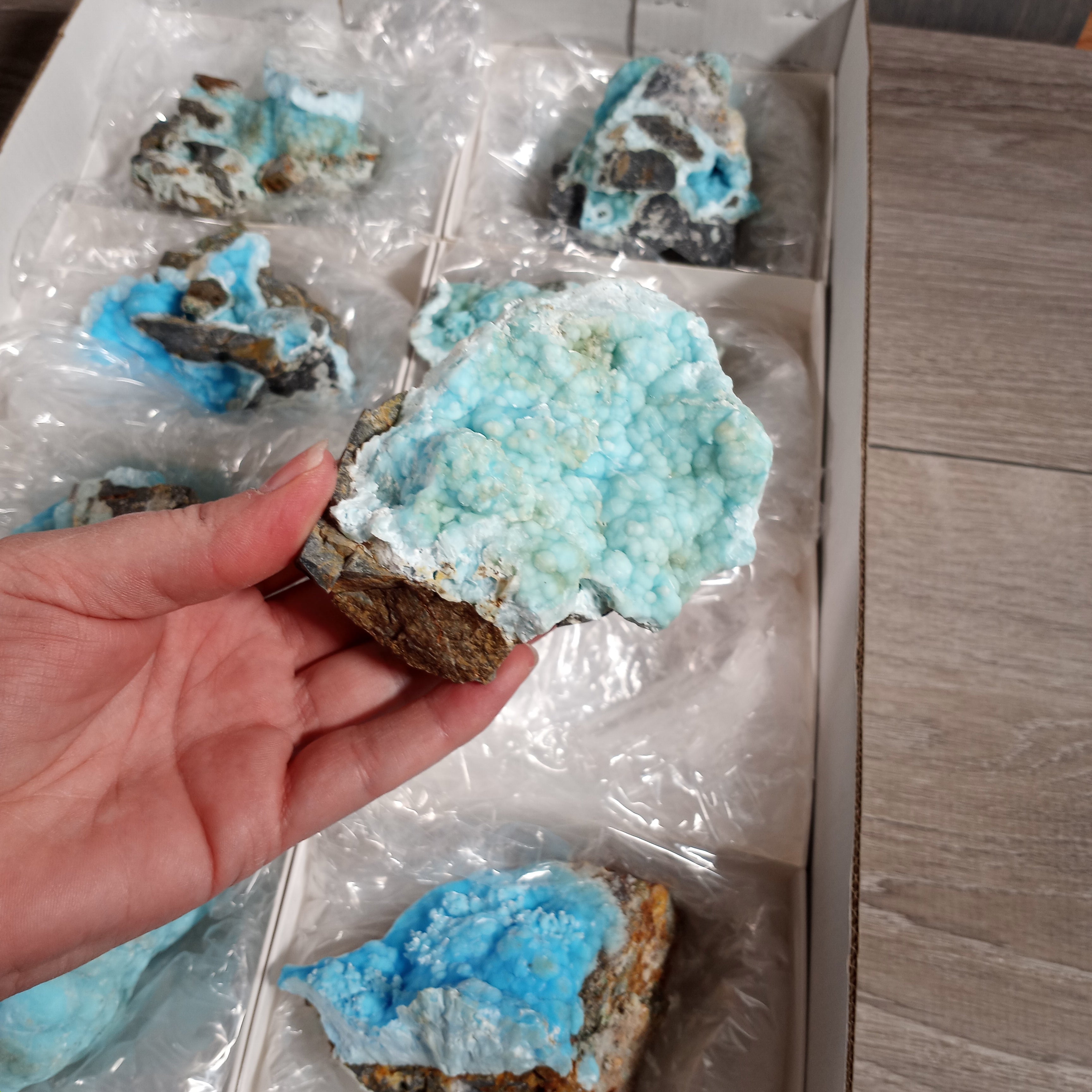 Close-up of raw Blue Aragonite crystals in bulk for wholesale