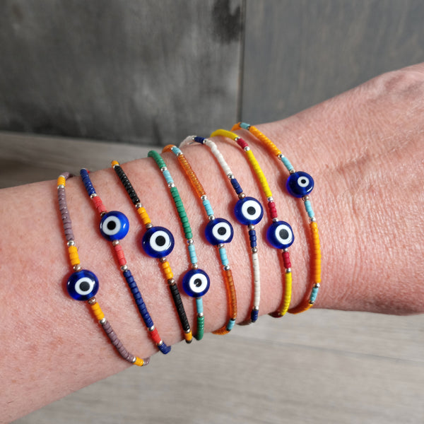Wooden Bracelet Beaded with Lobster Claw Evil Eye