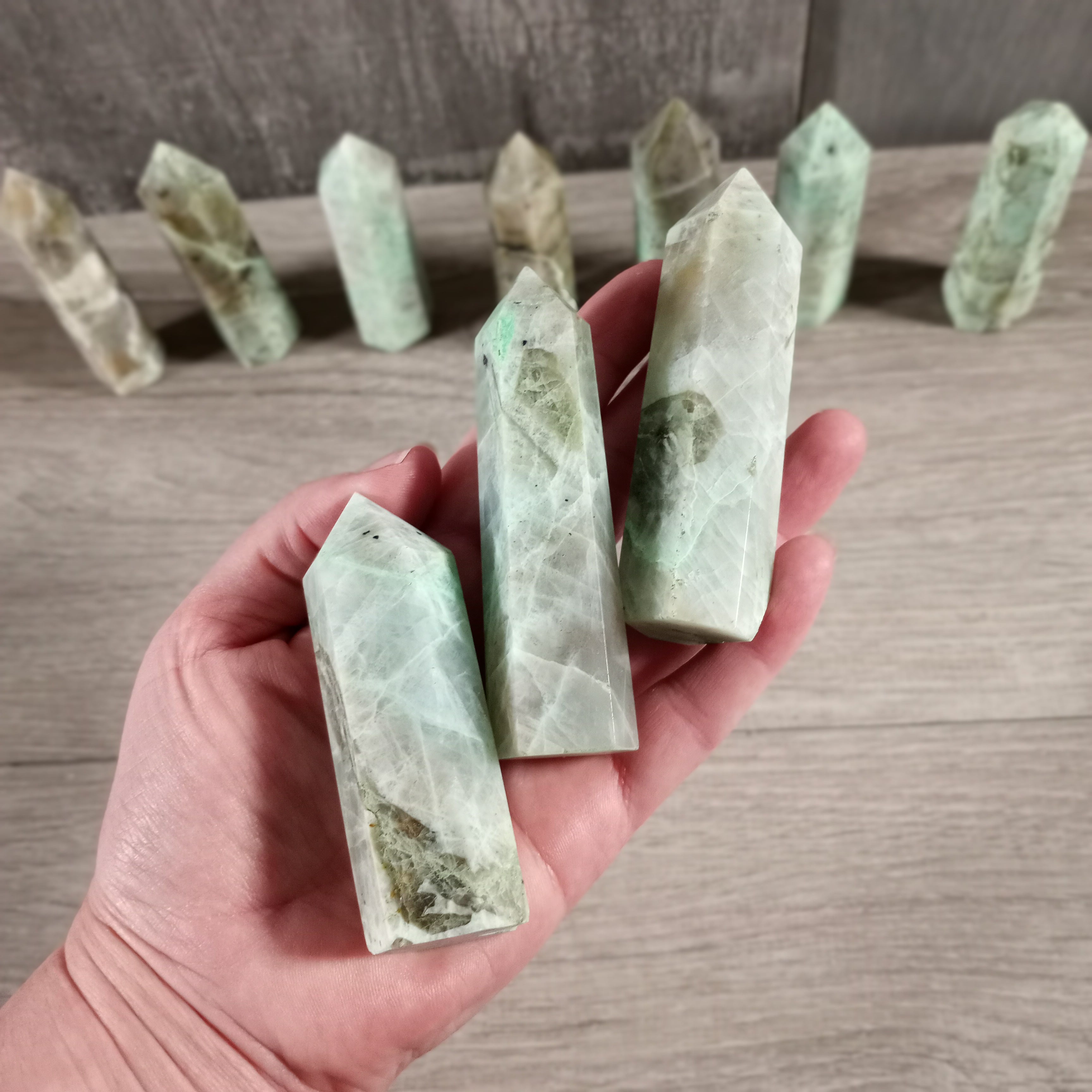 green moonstone gemstone towers for spiritual retail shops