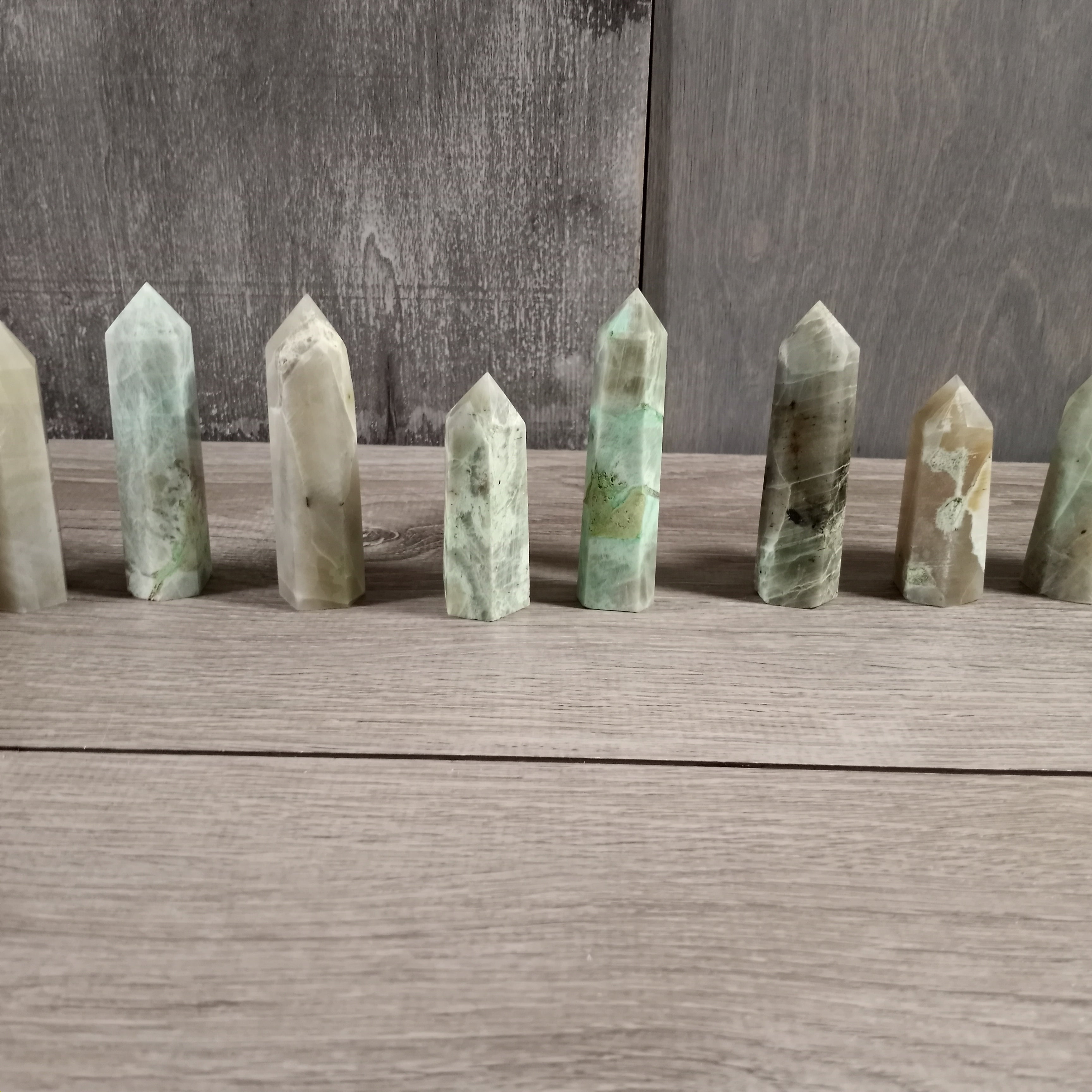 green moonstone energy healing stones, obelisk bulk decor