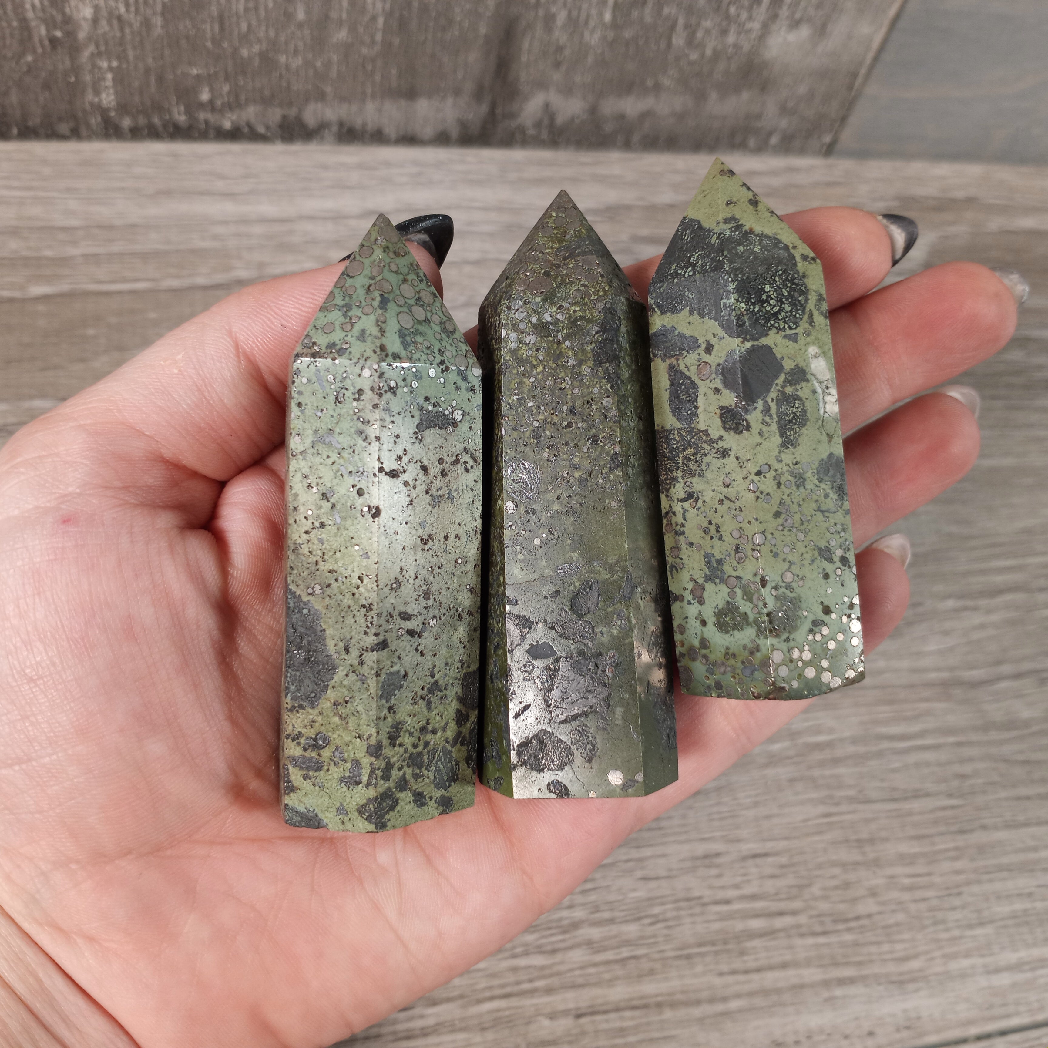 pyrite with spotted green jasper obelisks