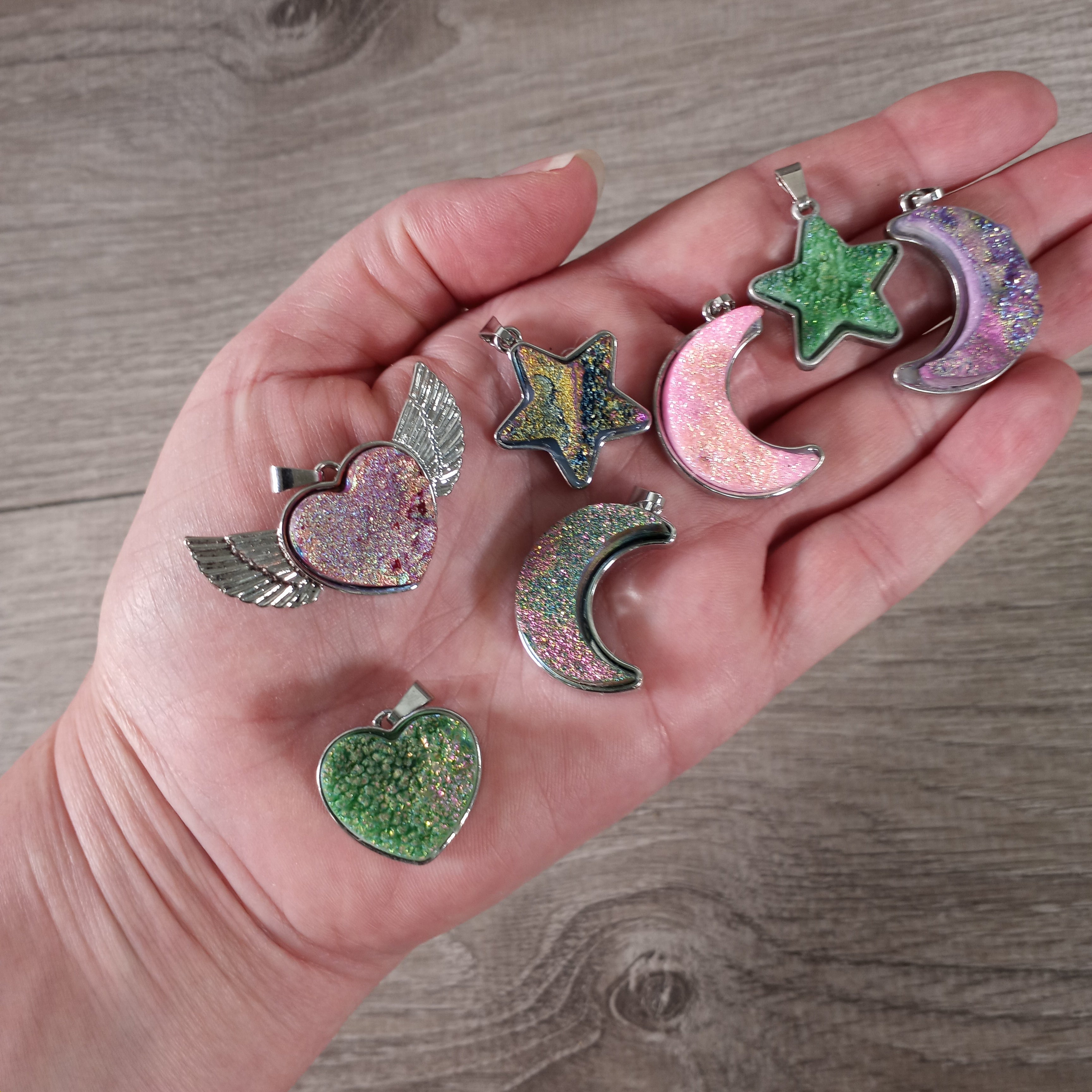 Shimmering aura crystal pendant charm for jewelry making, wholesale available