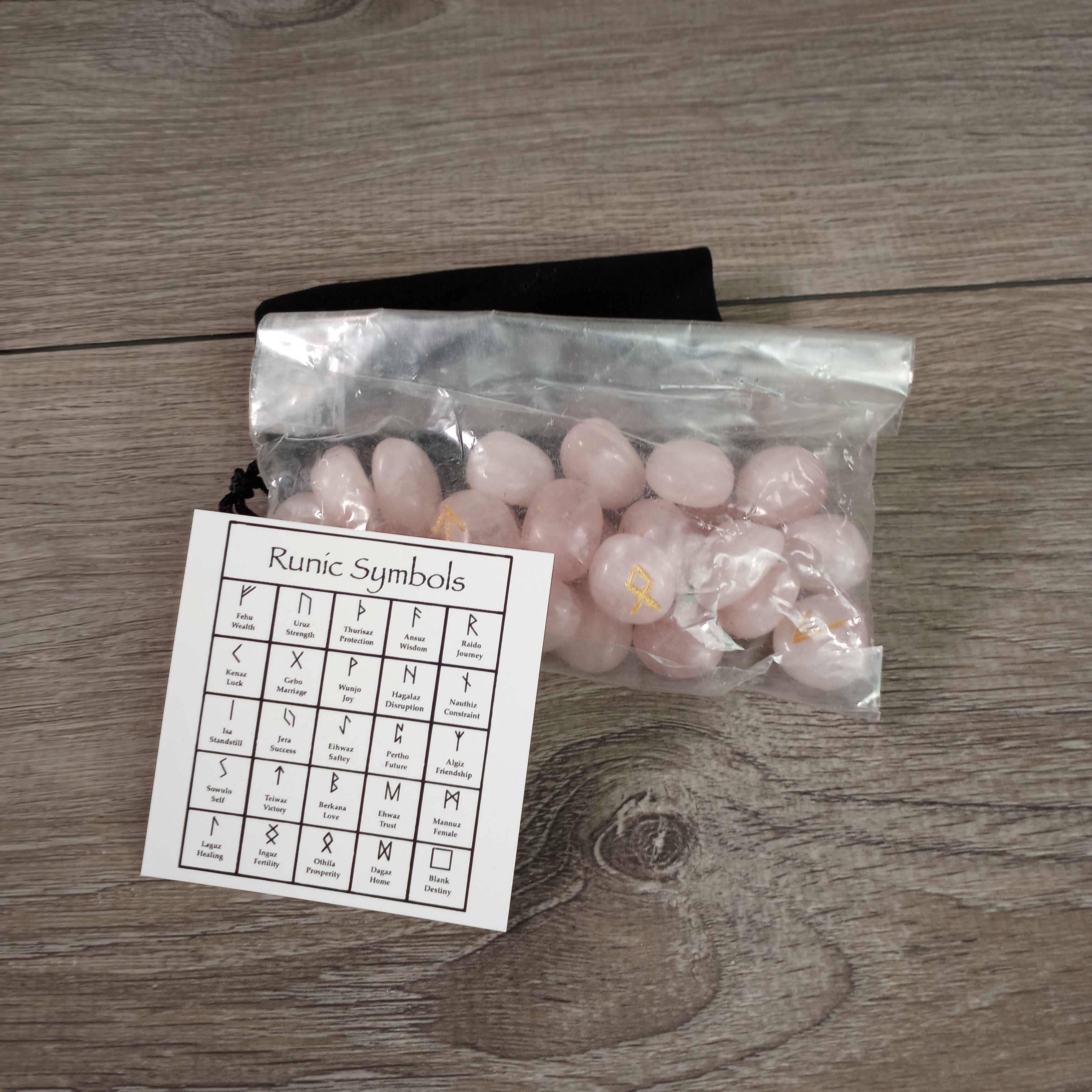 Rose Quartz wholesale rune kit with gemstone runes and bag