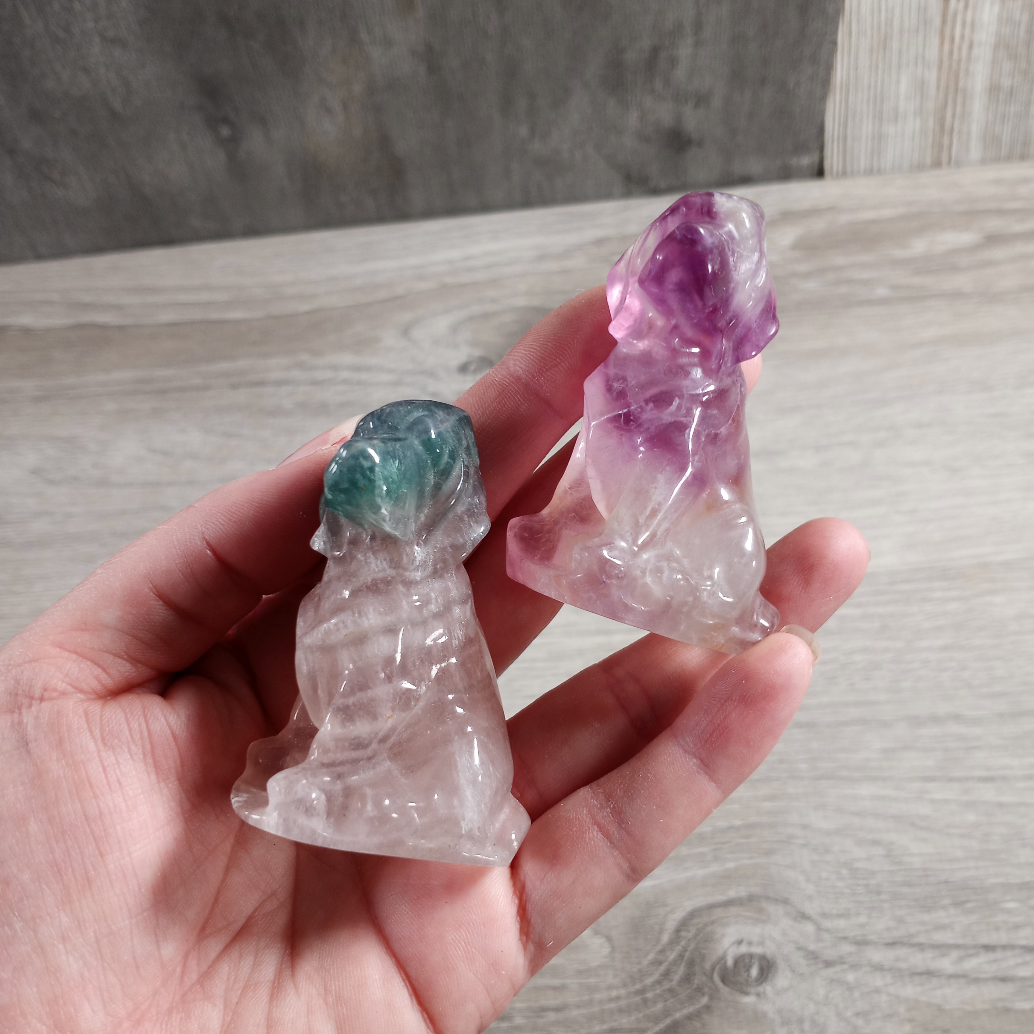 Fluorite dog carvings for new age shops