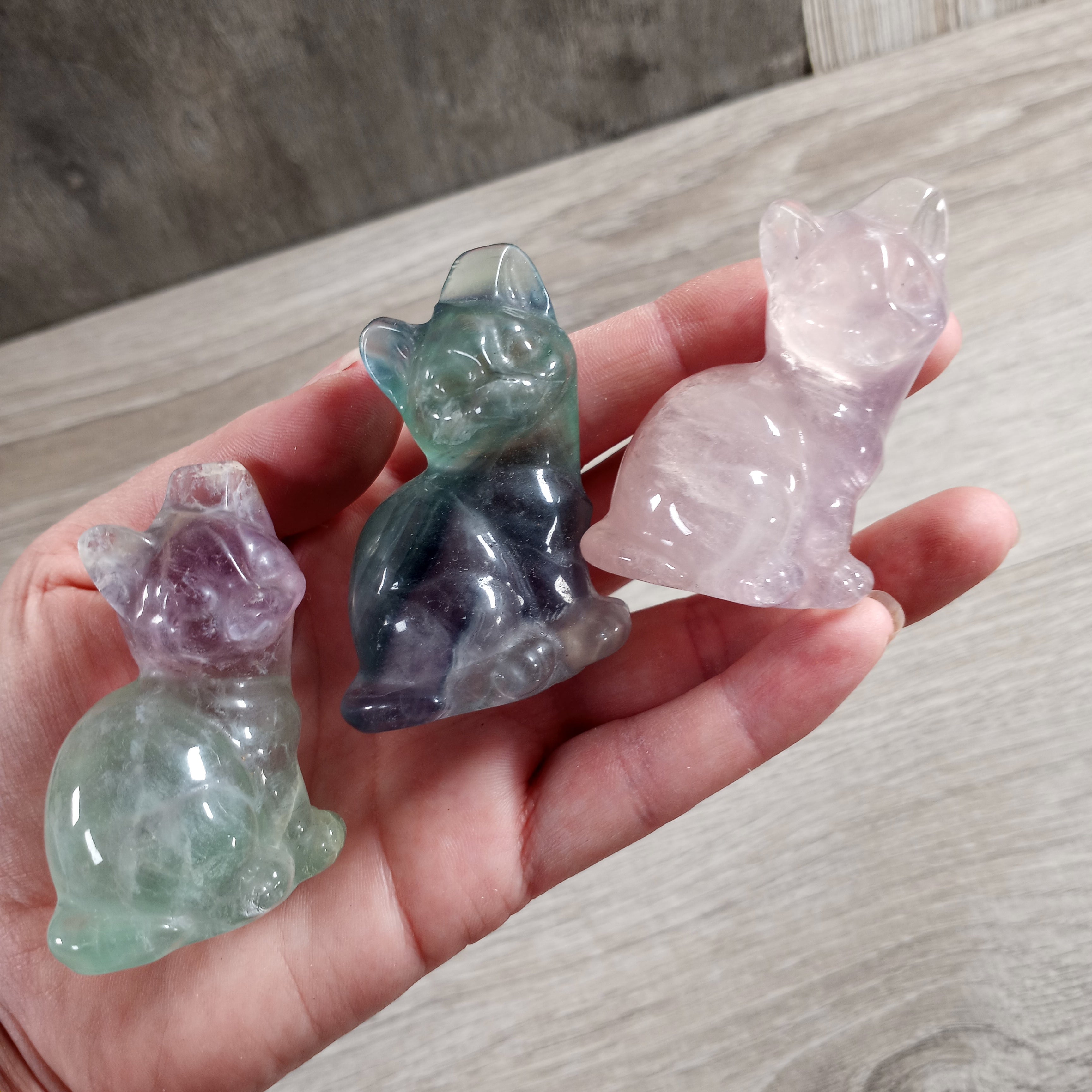 fluorite cat sculptures for new age stores