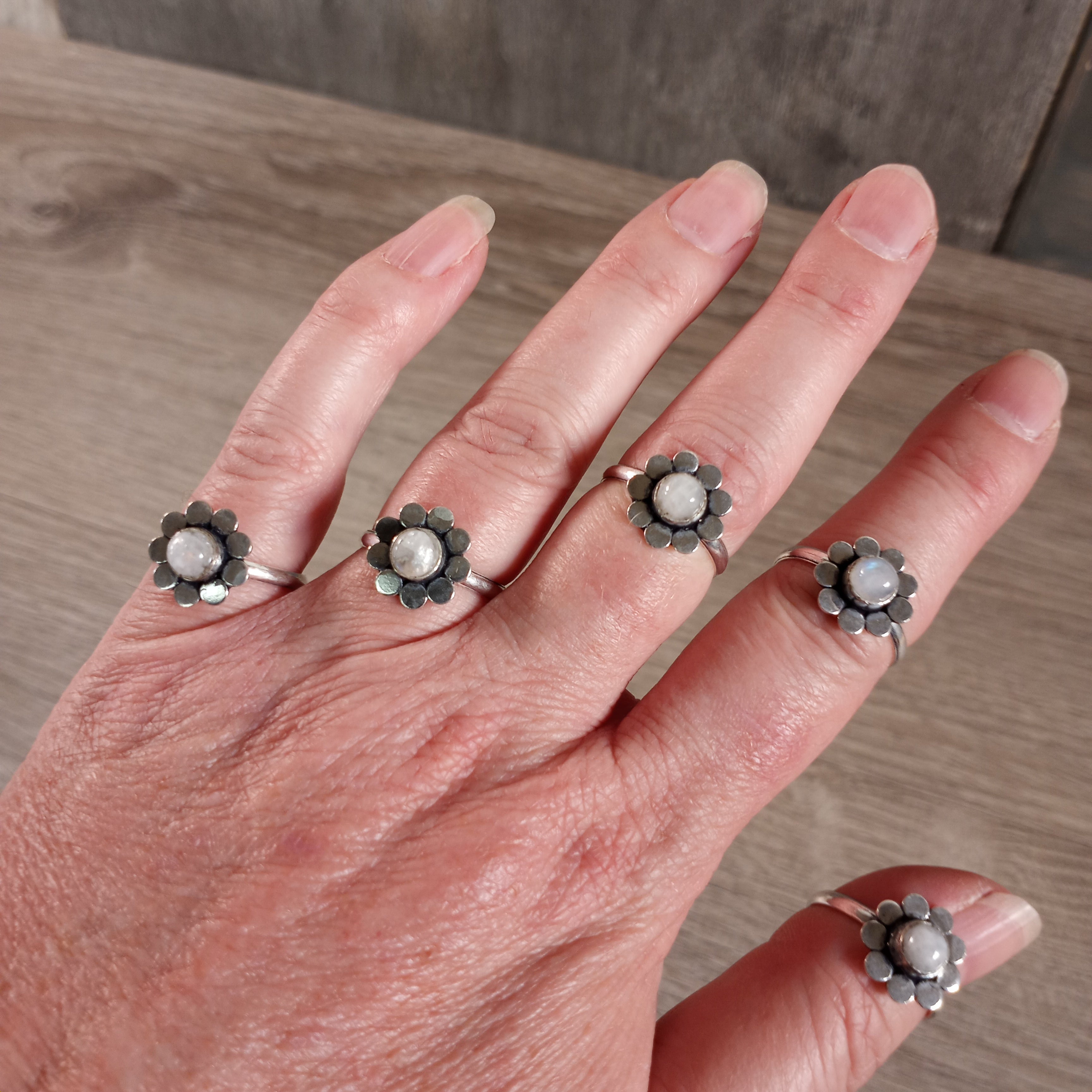 Moonstone gemstone flower rings perfect for boho jewelry displays