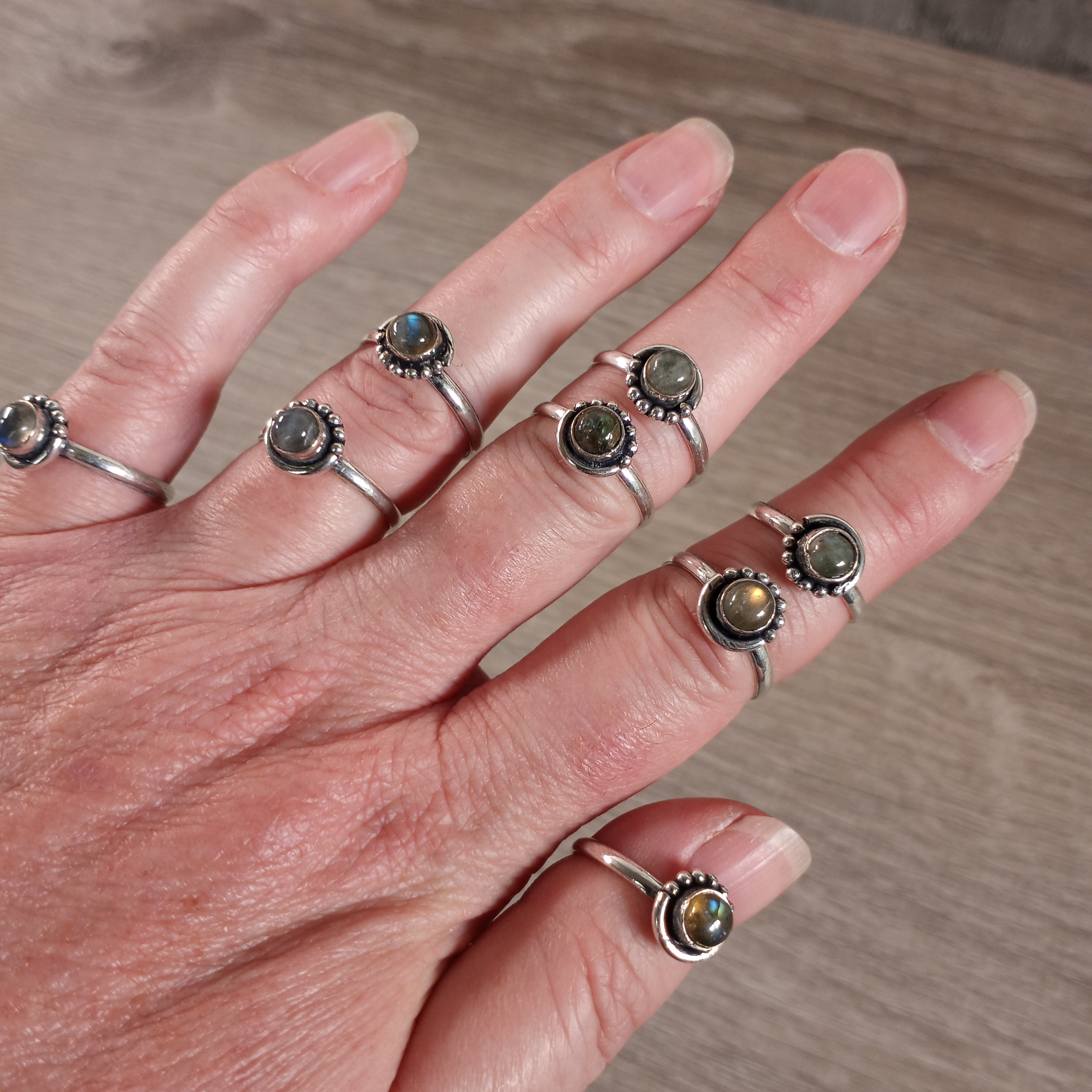 Labradorite bulk crystal rings in pot metal by size