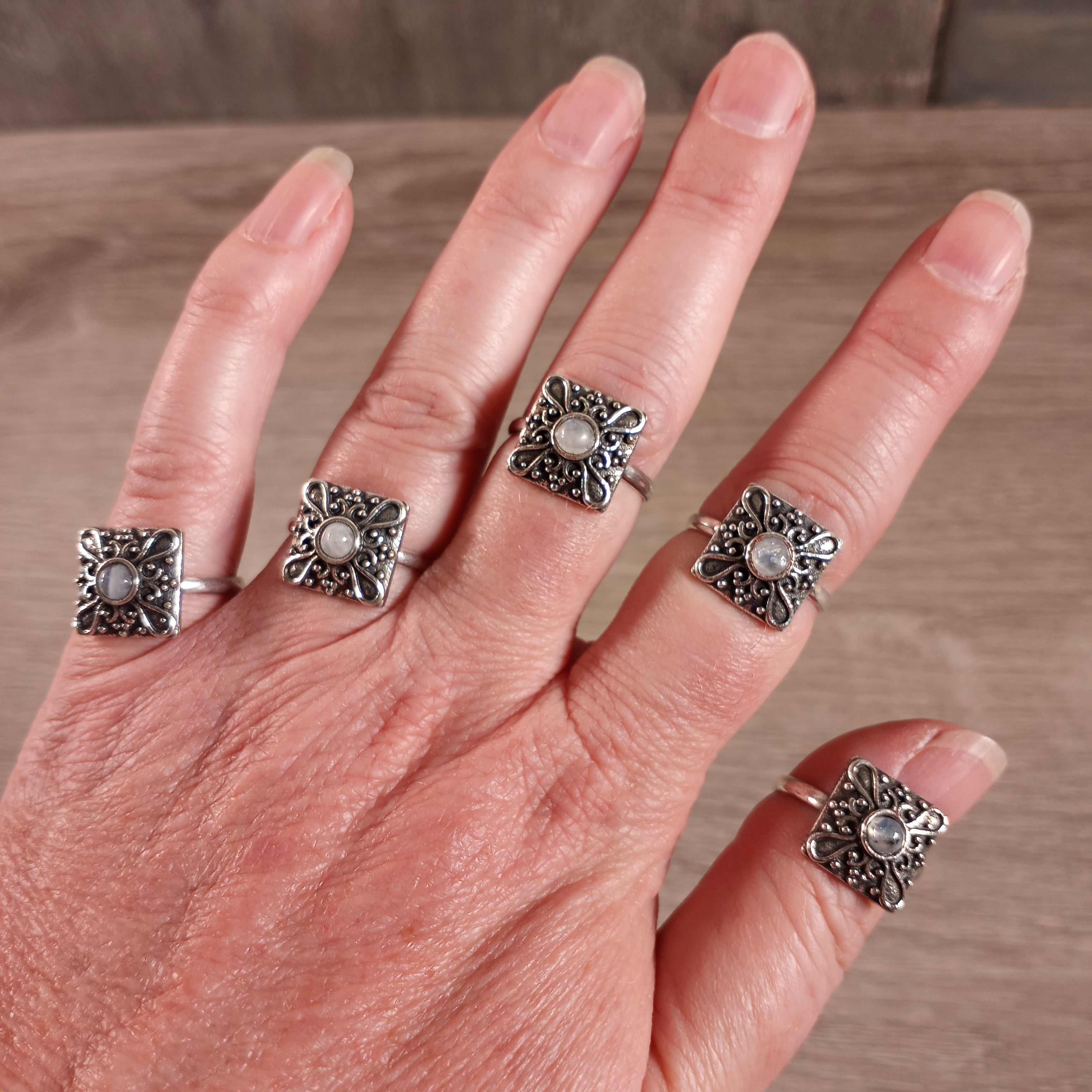 rainbow moonstone Pot metal gemstone ring detail – size options available