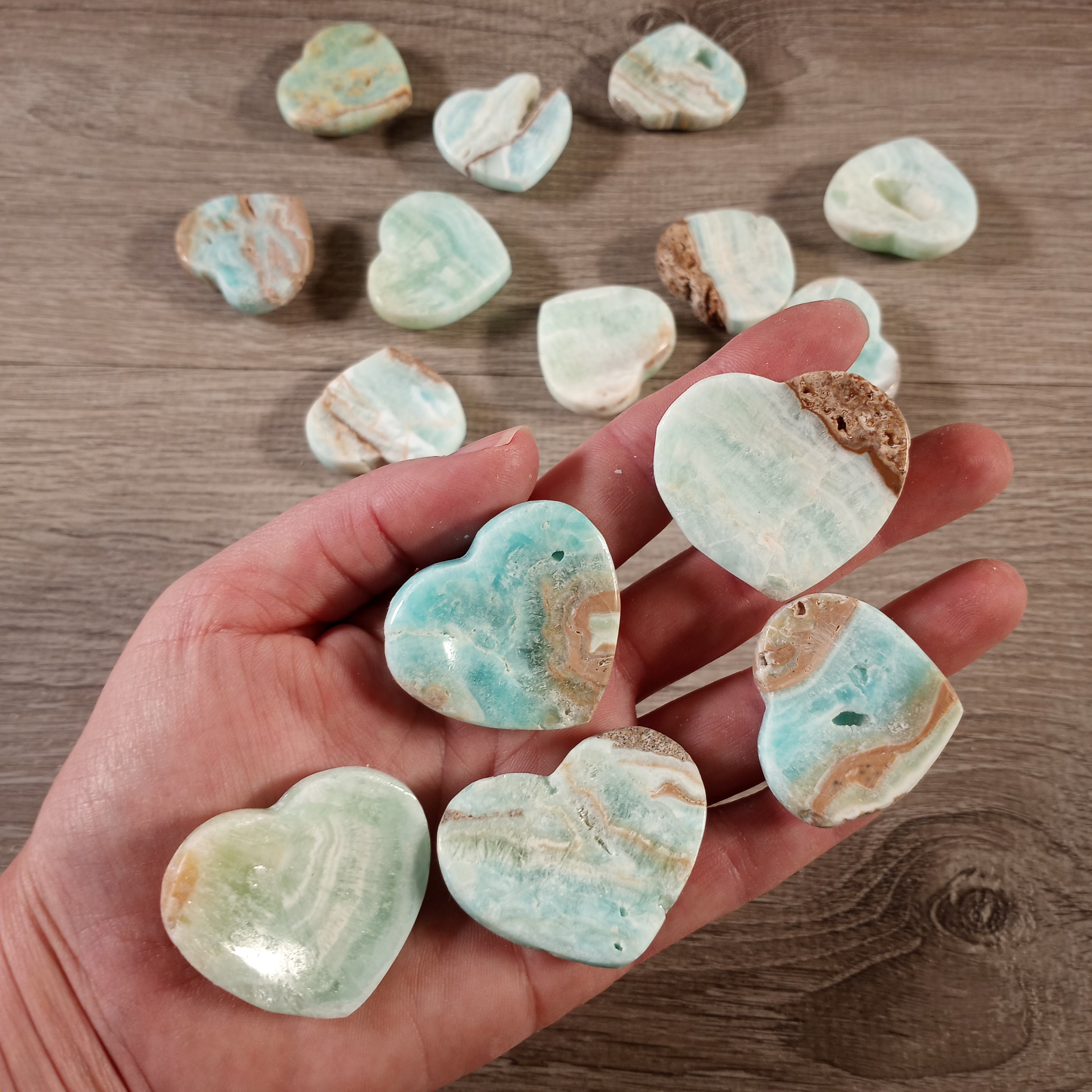 Blue aragonite wholesale heart-shaped worry stones for metaphysical stores