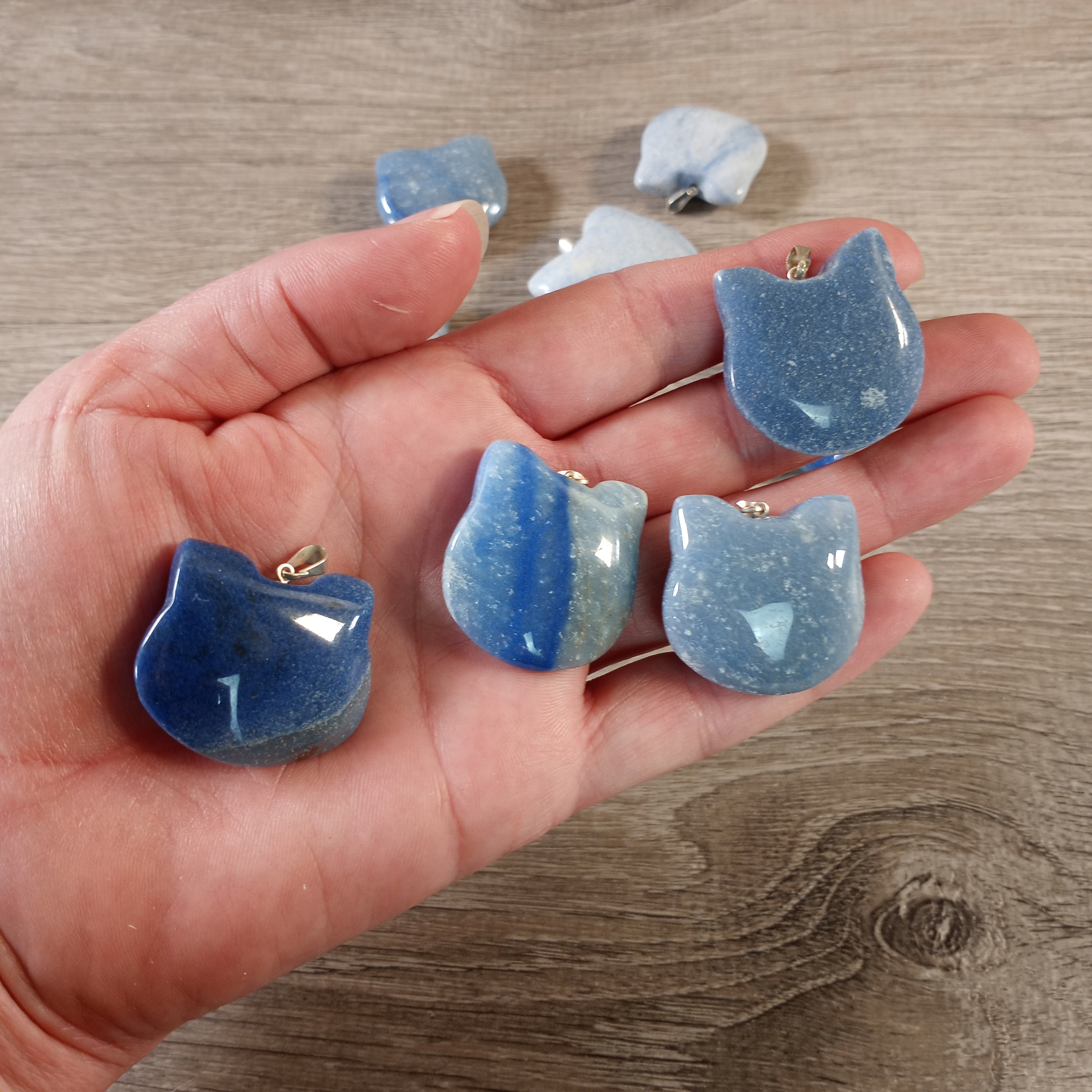 blue quartz crystal cat face charm made from natural stone