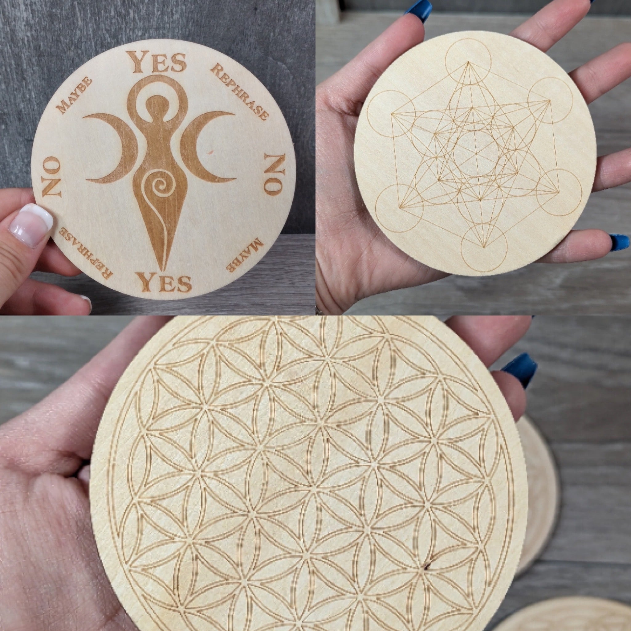 10cm wood crystal grid plate with sacred geometry pattern