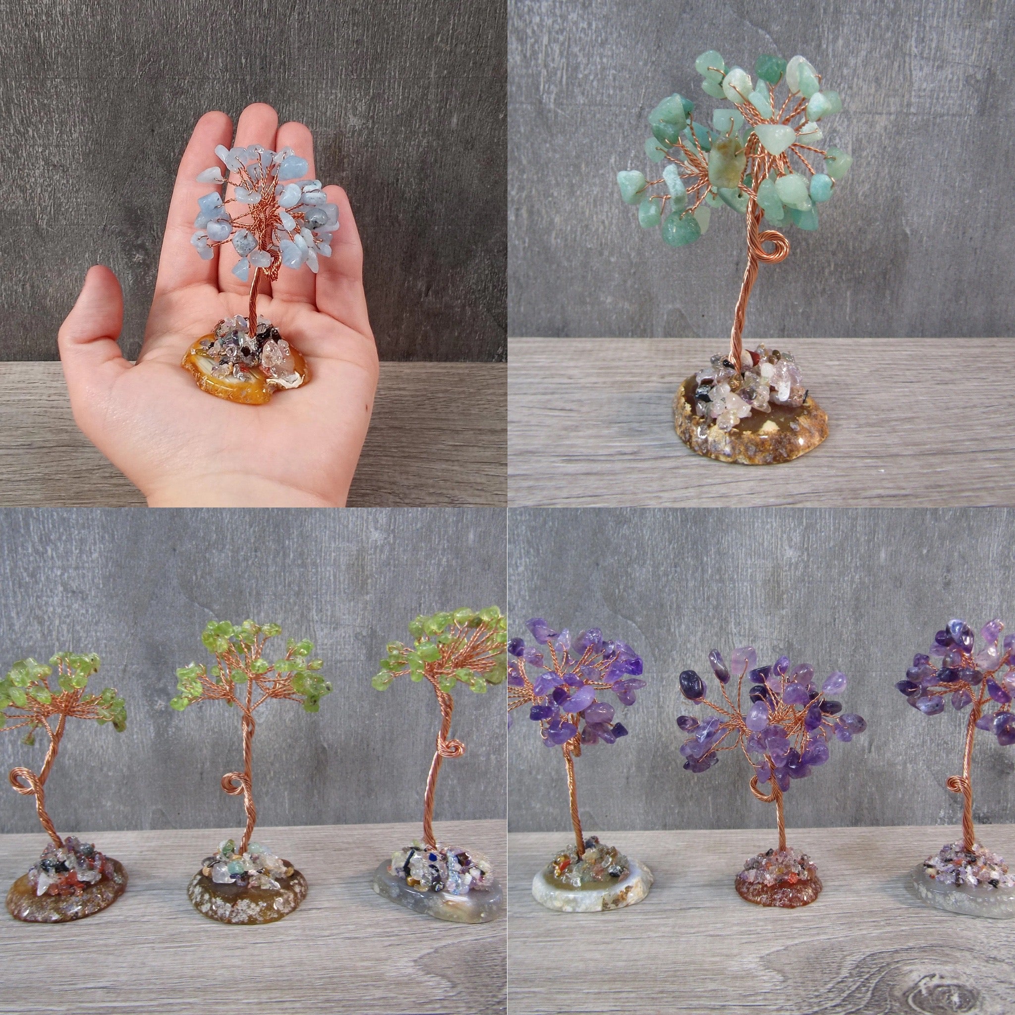 Gemstone and copper trees on an agate base for home decor wholesale