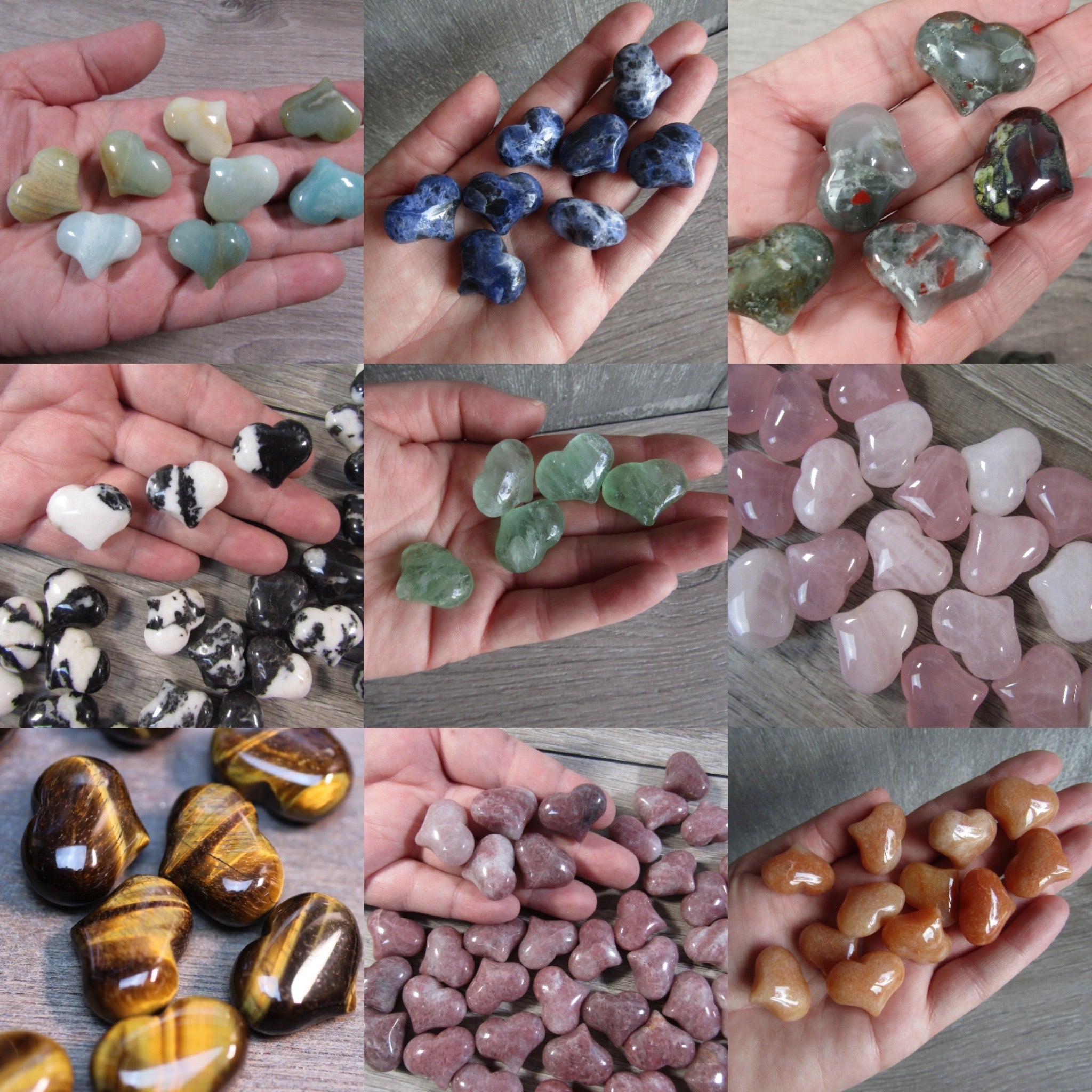 Wholesale puffy heart crystal carvings for energy healing in assorted gemstones.