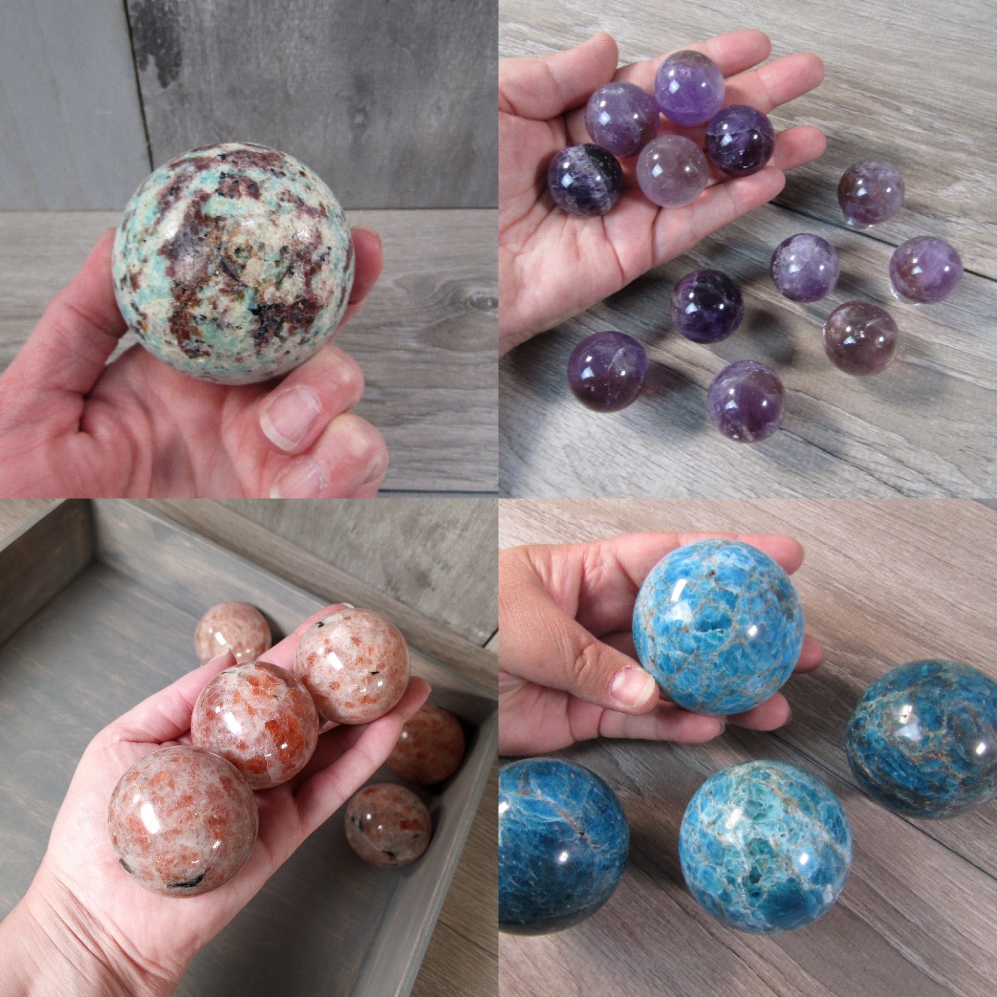 Assorted gemstone spheres in bulk by the inch for wholesale crystal shops