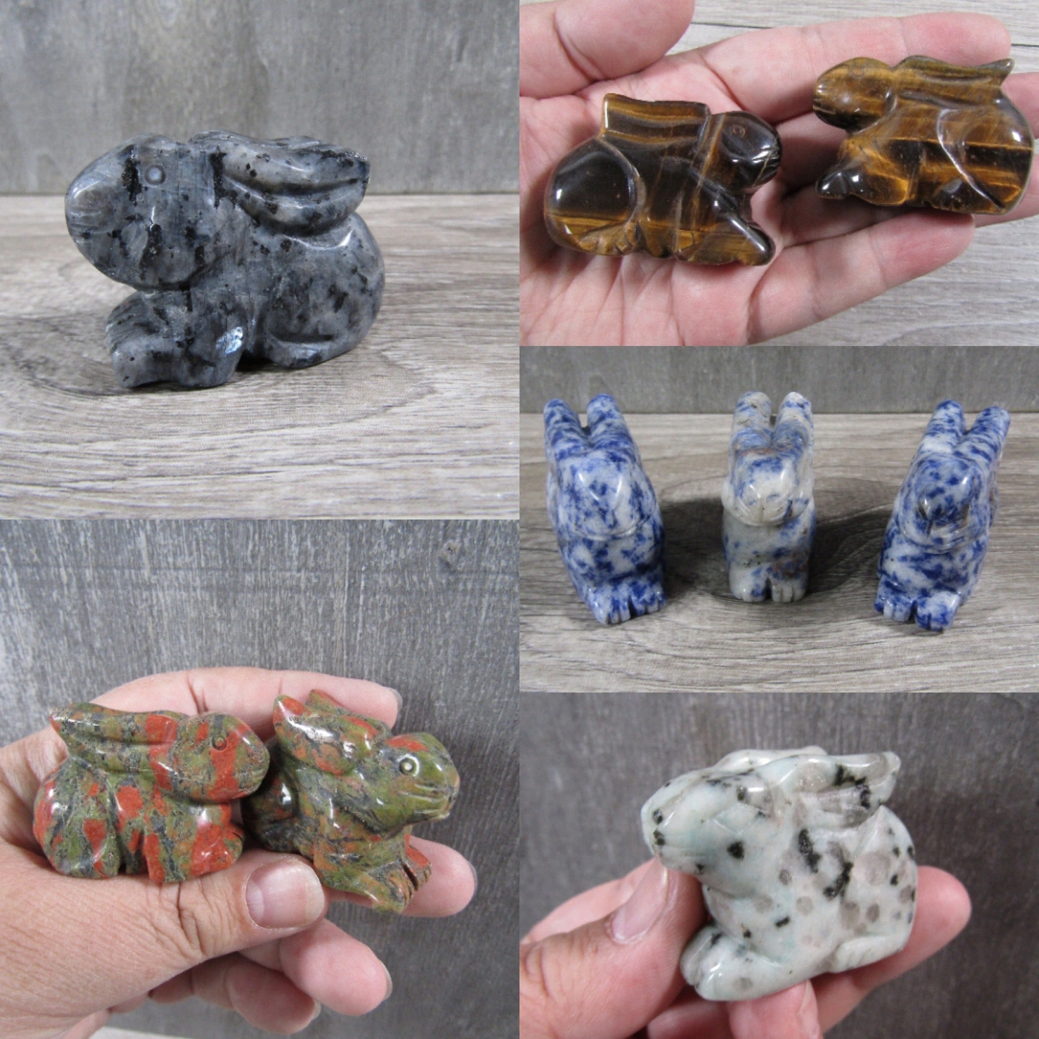 Polished crystal rabbit carving in assorted stones