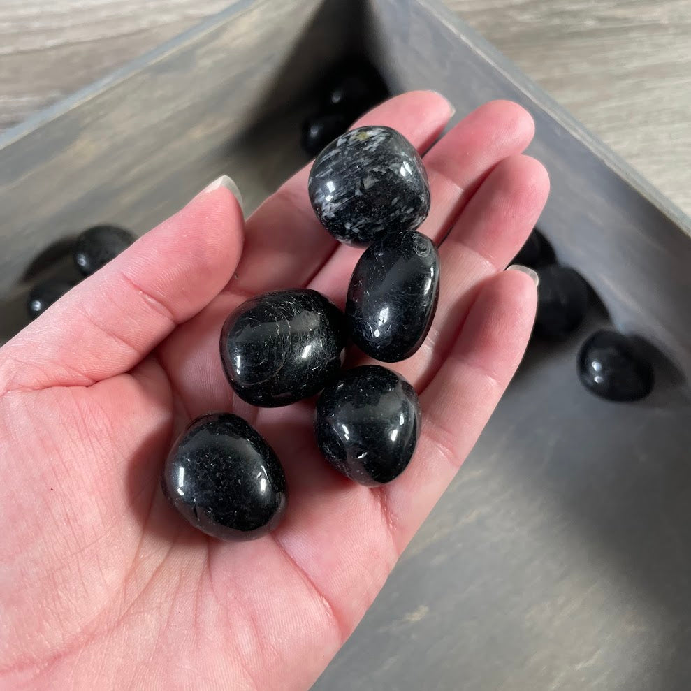 Tumbled black tourmaline stones in a 1 pound bulk lot for crystal shops and resale