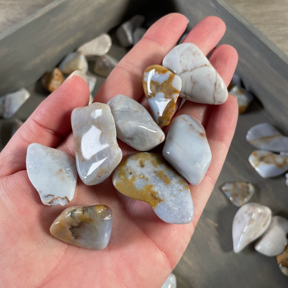 Chalcedony crystal tumbles for pocket stones, scoop bins, and gift shops