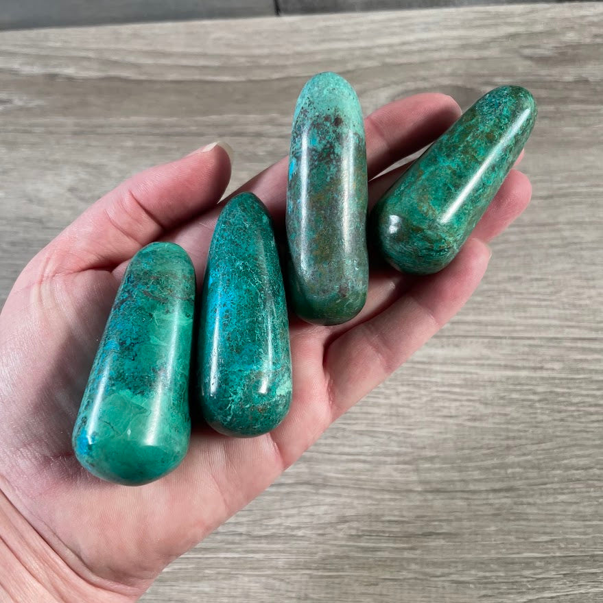 Blue green Chrysocolla healing wand with smooth tapered shape