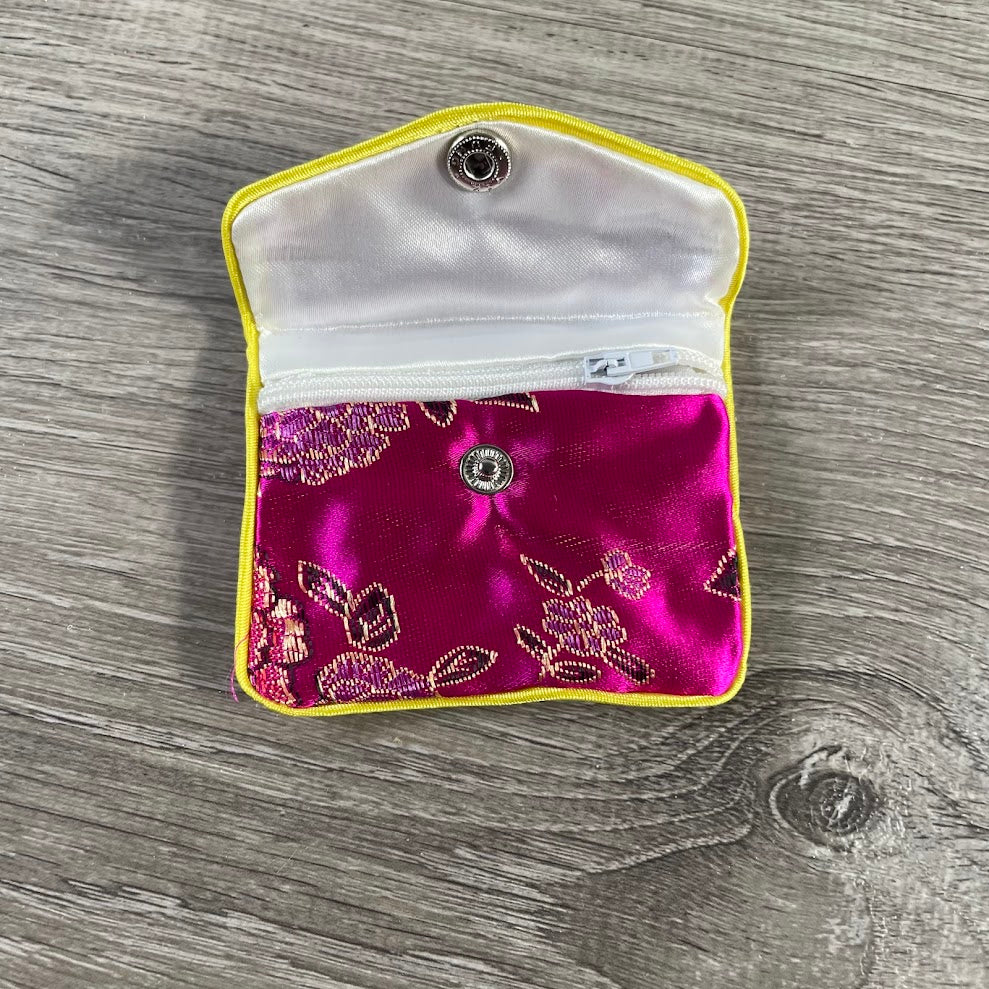 Satin brocade crystal storage pouches with snap closure wholesale impulse buys