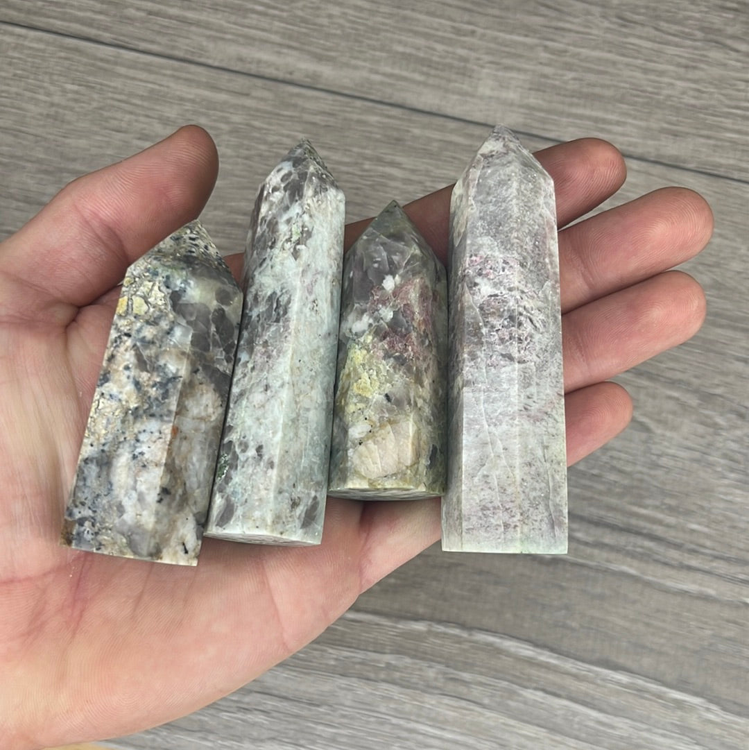 pink tourmaline in mica gemstone obelisk