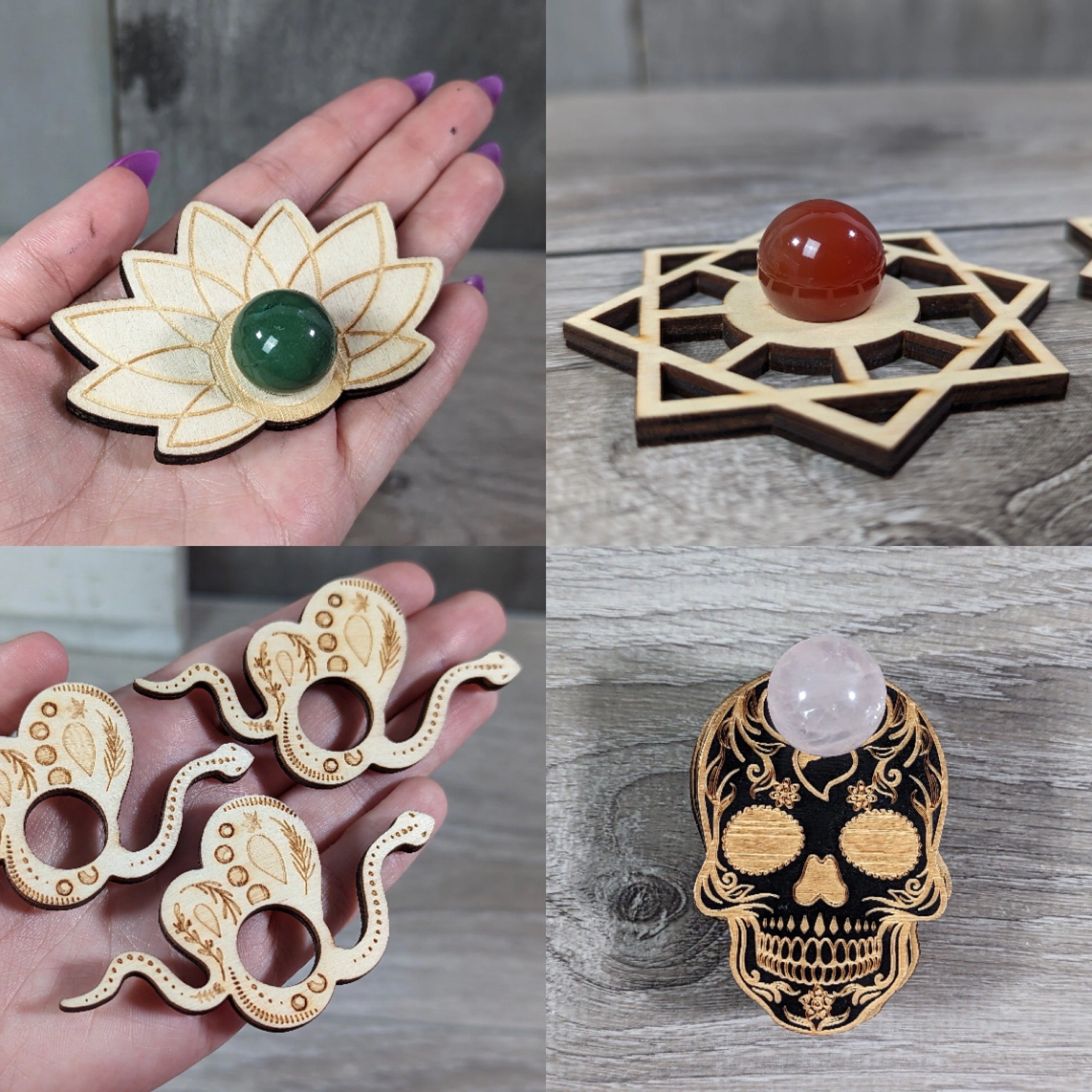 Wooden themed sphere stands for small crystal balls