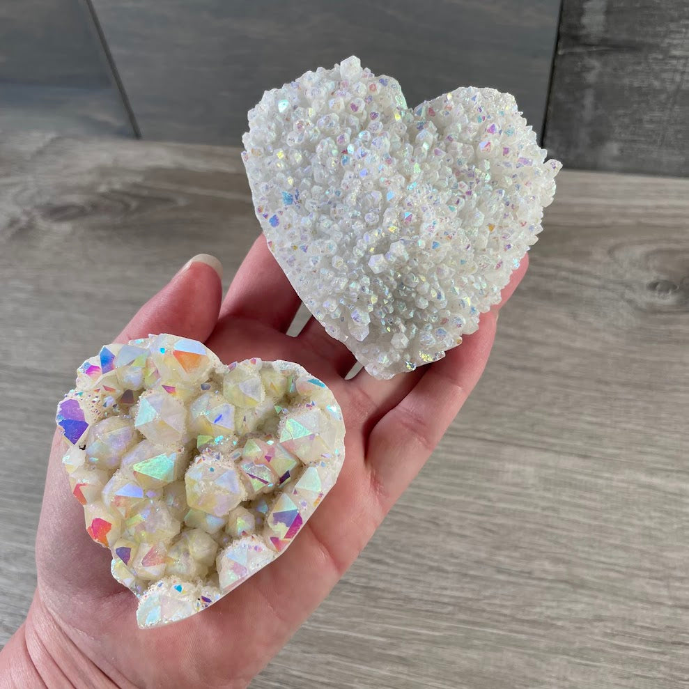 Heart shaped aura crystal with sparkling cluster points and rainbow finish