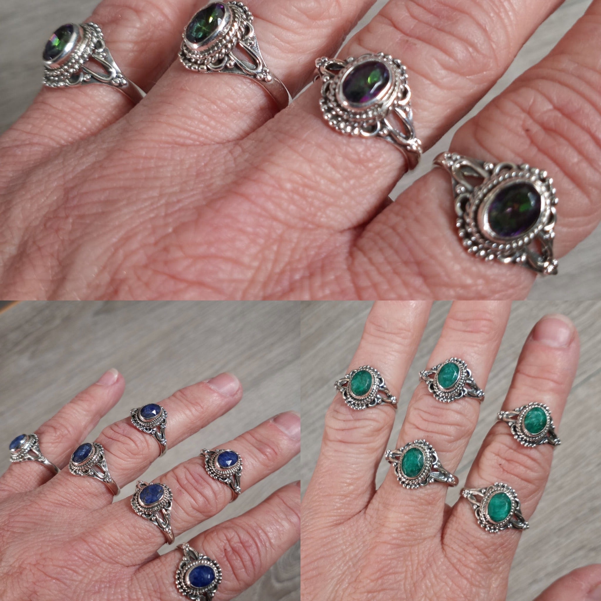 smoky quartz emerald and blue sapphire dainty vintage sterling silver rings