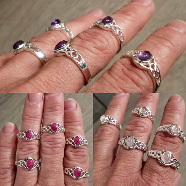 amethyst ruby and rose quartz celtic trinity ring in sterling silver