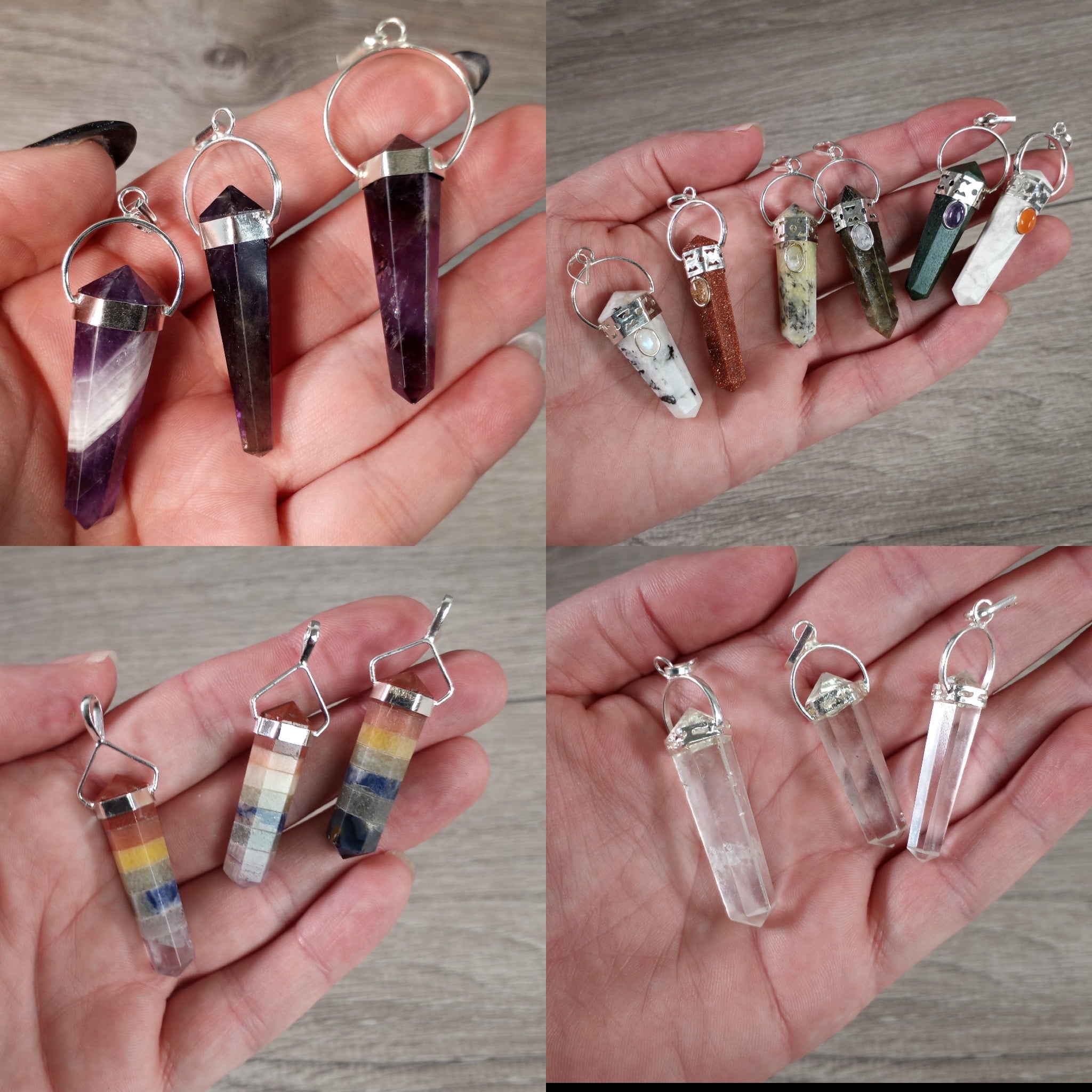 Assorted gemstone point pendants with silver-tone caps for wholesale buyers