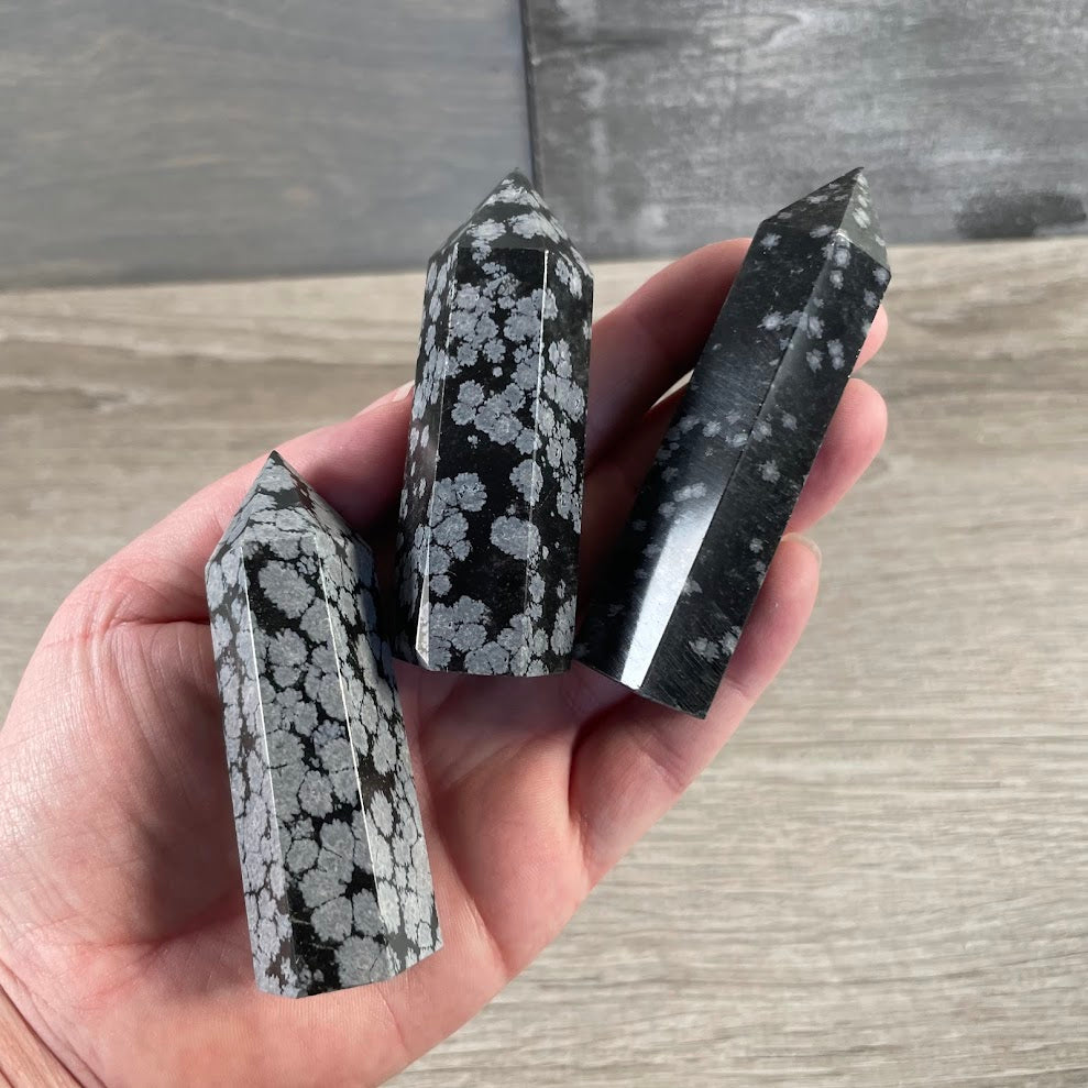 snowflake obsidian polished gemstone obelisks for metaphysical retail