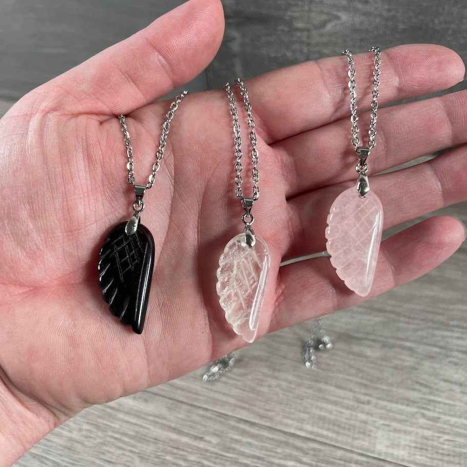 Wholesale angel wing necklaces with assorted crystal gemstones on stainless steel chains