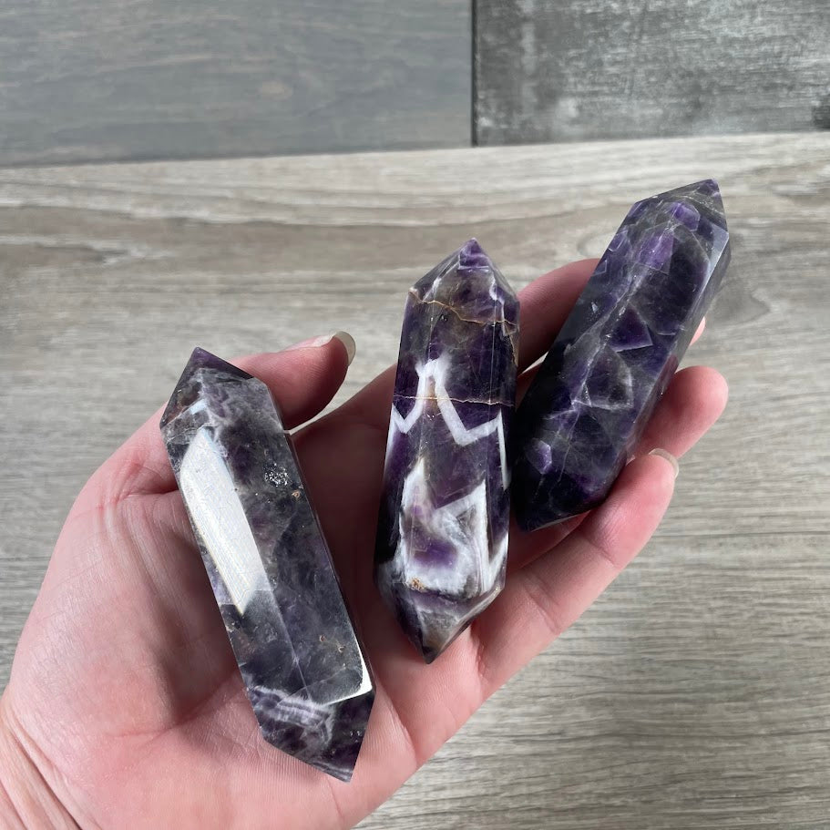 Chevron amethyst cut wands for rock shops