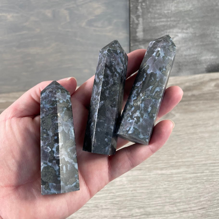 mystic merlinite natural gemstone tower polished crystal point