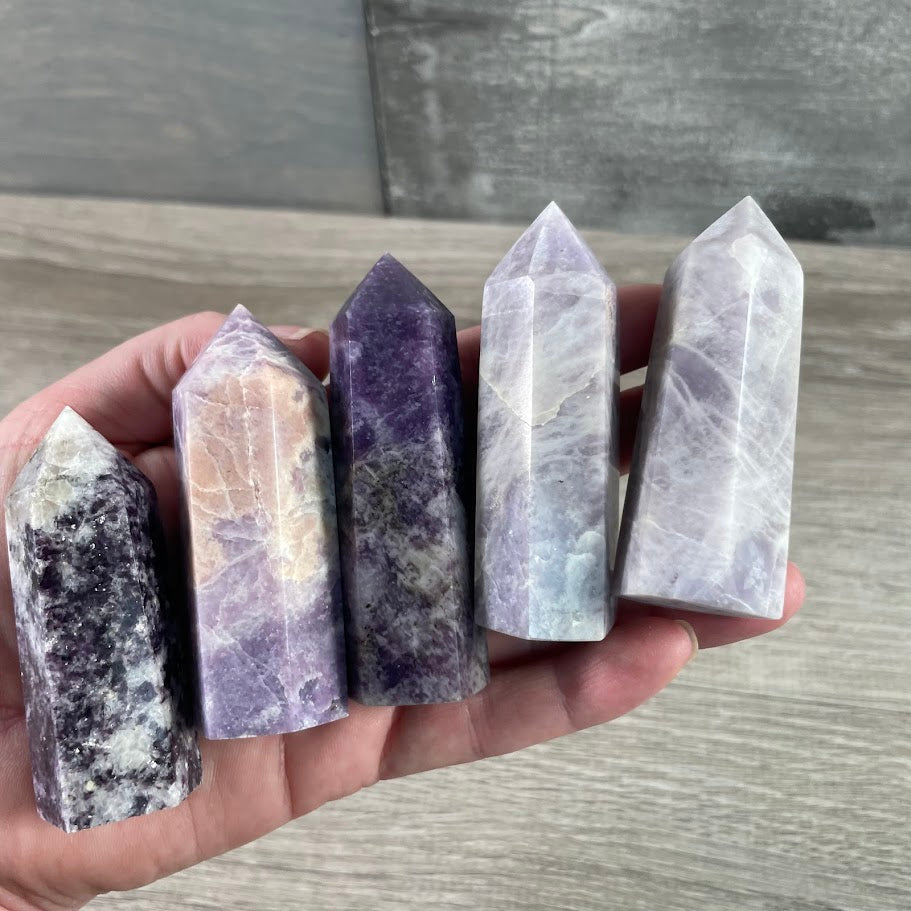 lepidolite crystal obelisks display pieces for boutiques