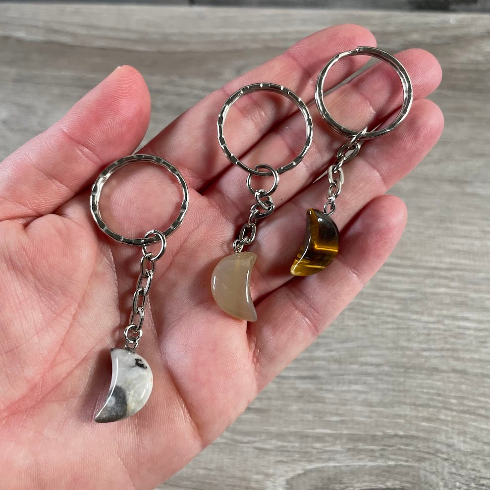 Crystal Moon Keychains – Assorted Gemstone Collection