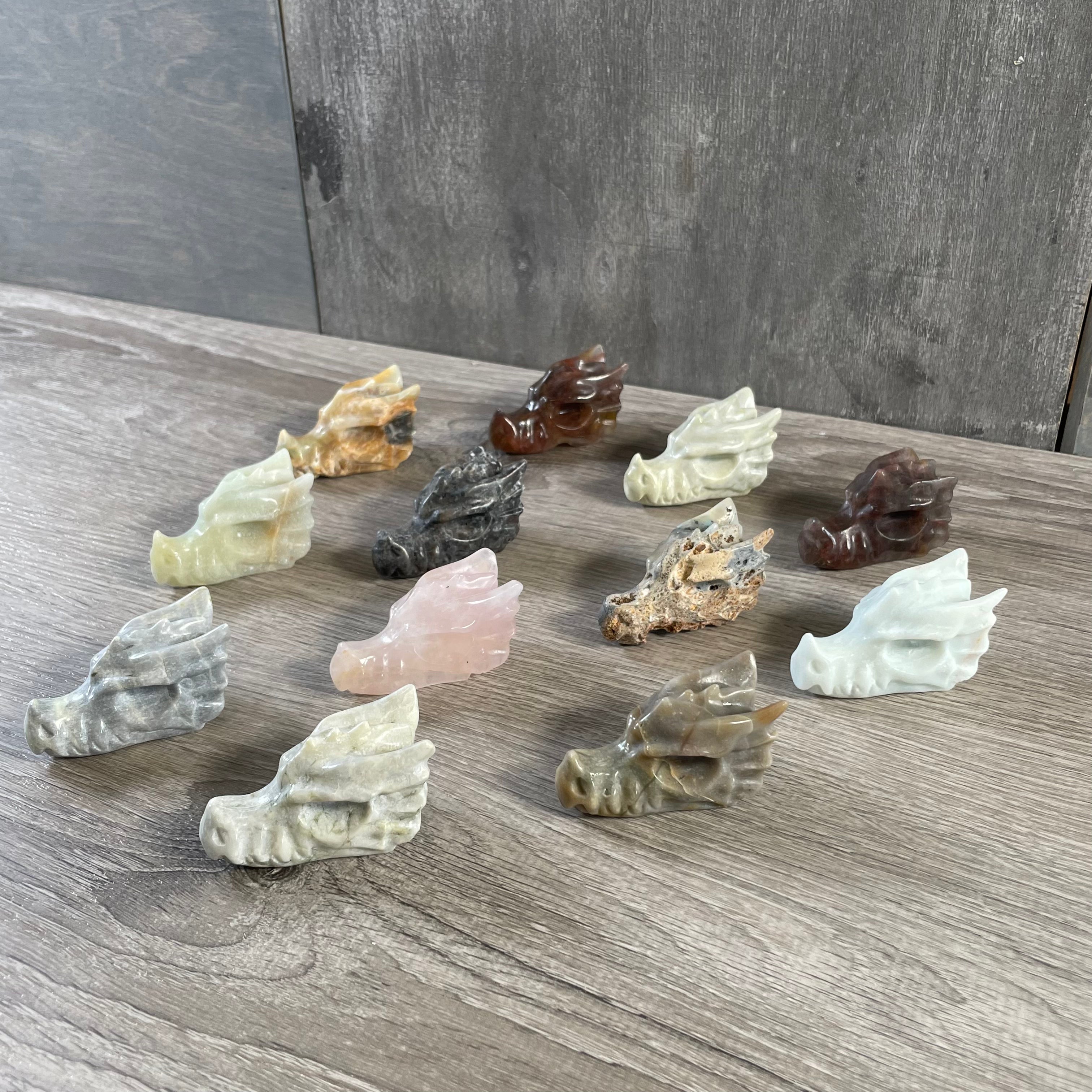 dragon skull crystal carvings in assorted gemstones for wholesale