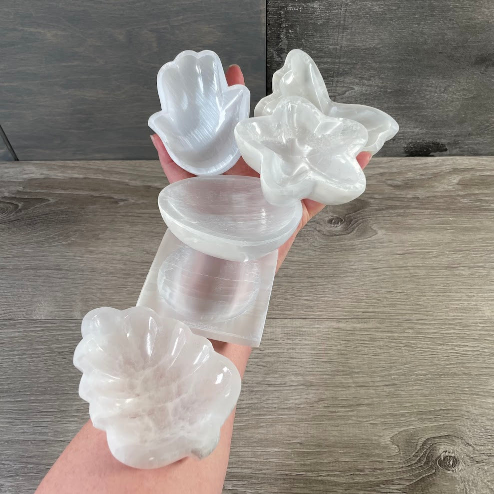 Assorted shaped selenite crystal bowls for rock shops