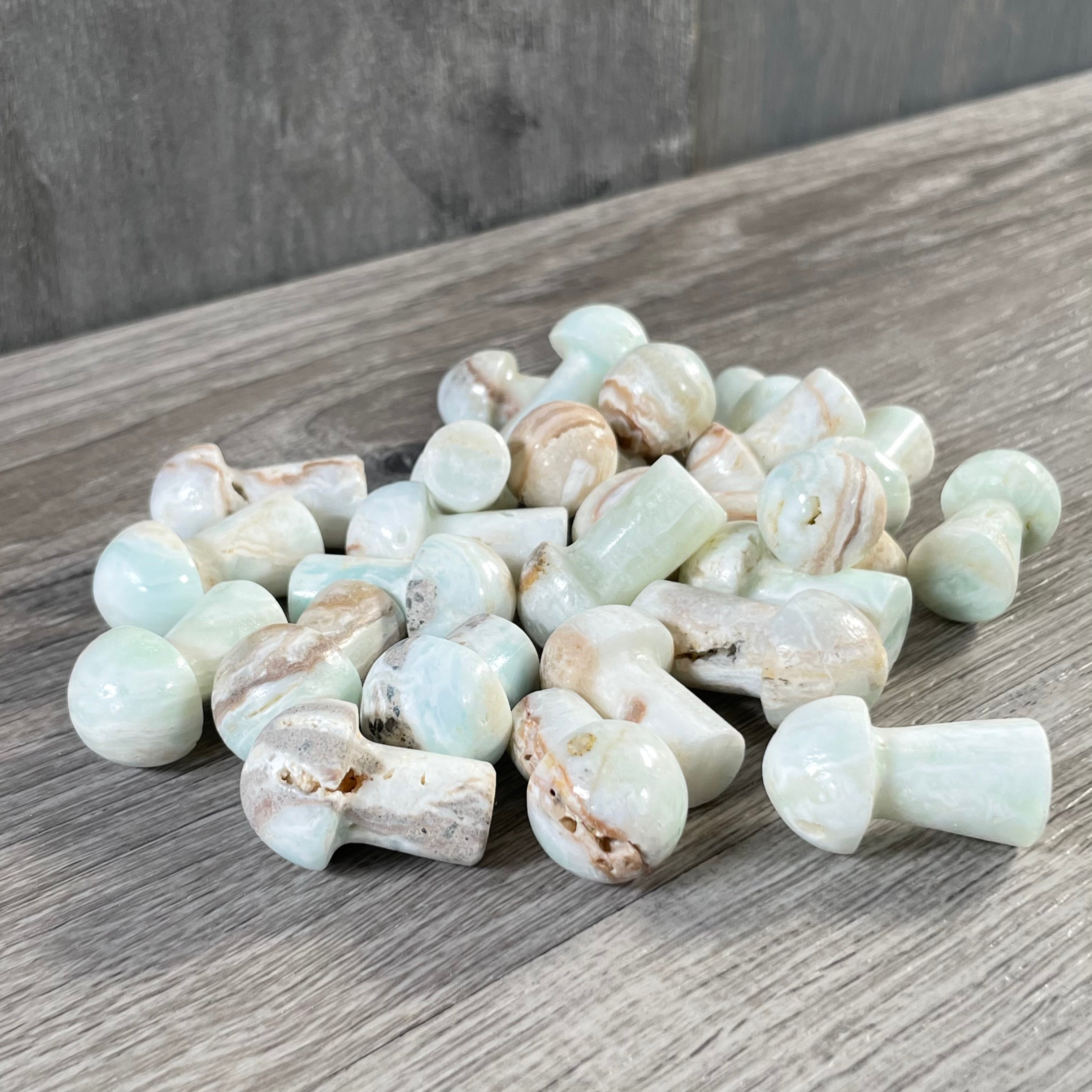 bulk blue aragonite hand carved mushrooms for retailers